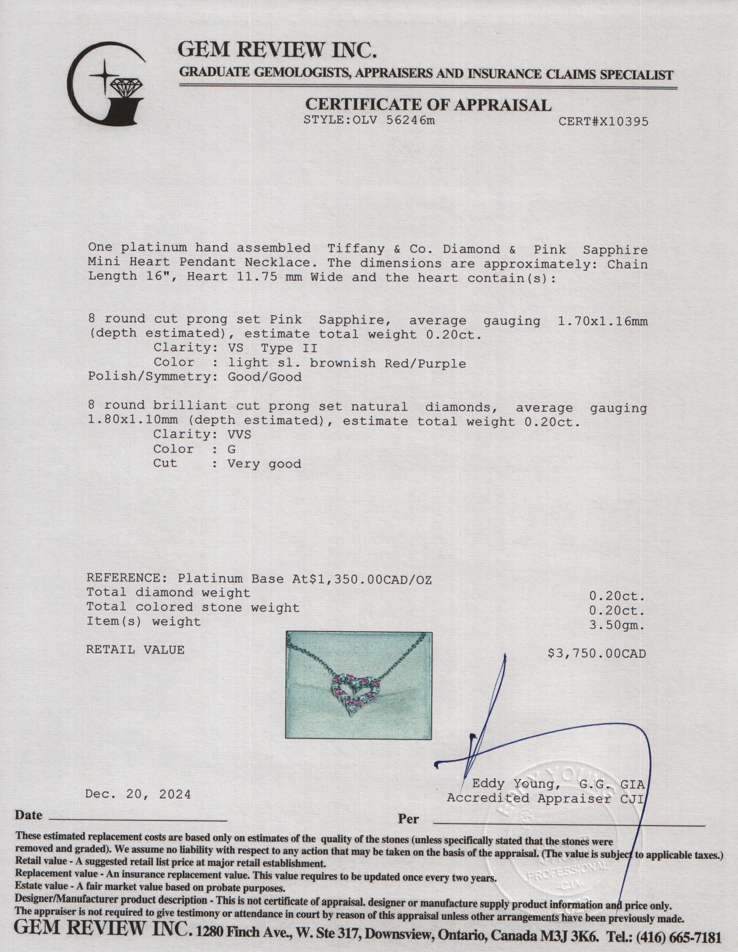 Tiffany & Co. Platinum Diamond & Pink Sapphire Mini Heart Pendant Necklace