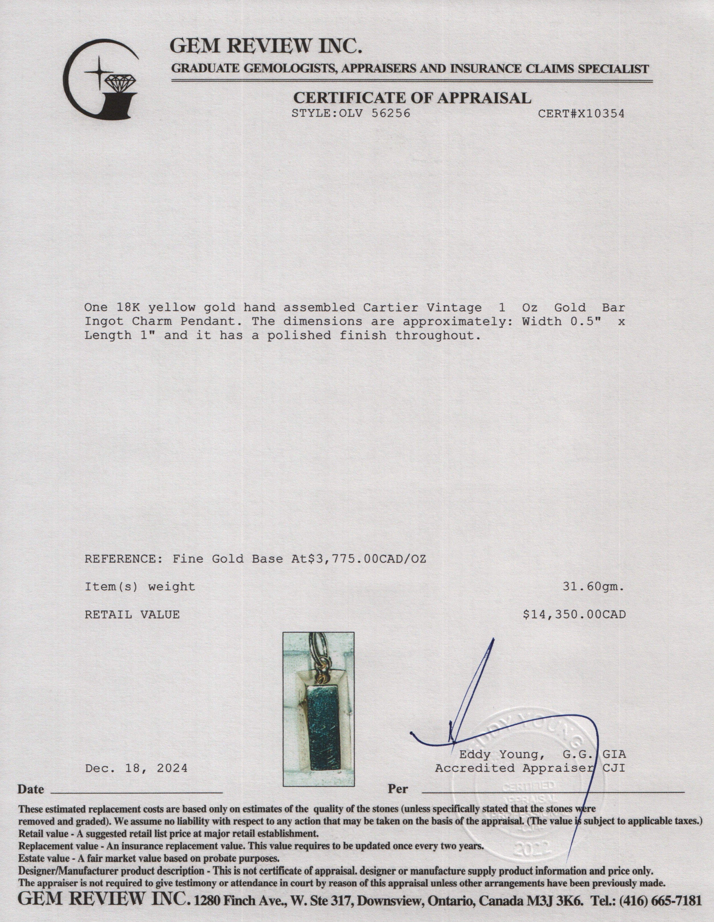 Cartier Vintage 18k Yellow Gold 1 Oz Gold Bar Ingot Charm Pendant