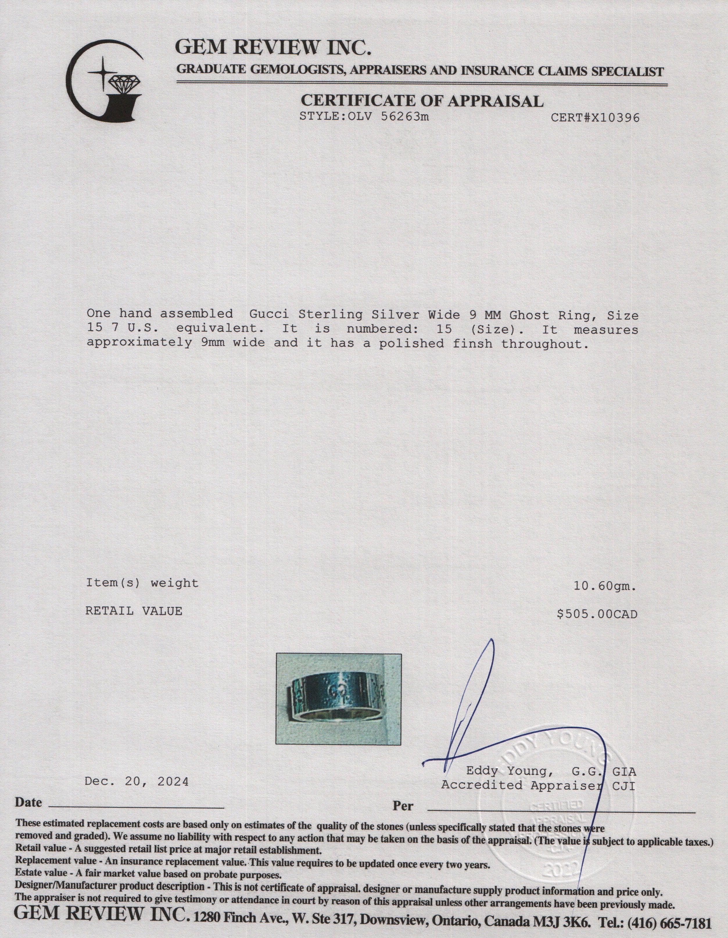 Gucci Sterling Silver Wide 9 MM Ghost Ring, Size 15 7