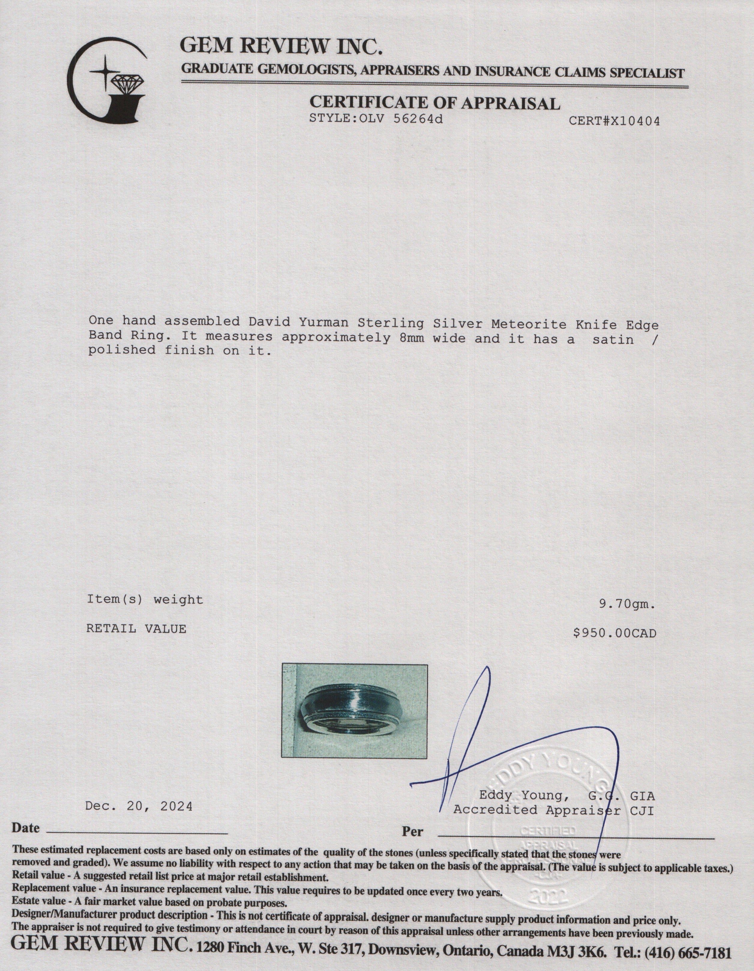 David Yurman Sterling Silver 8 MM Meteorite Knife Edge Band Ring, Size 7