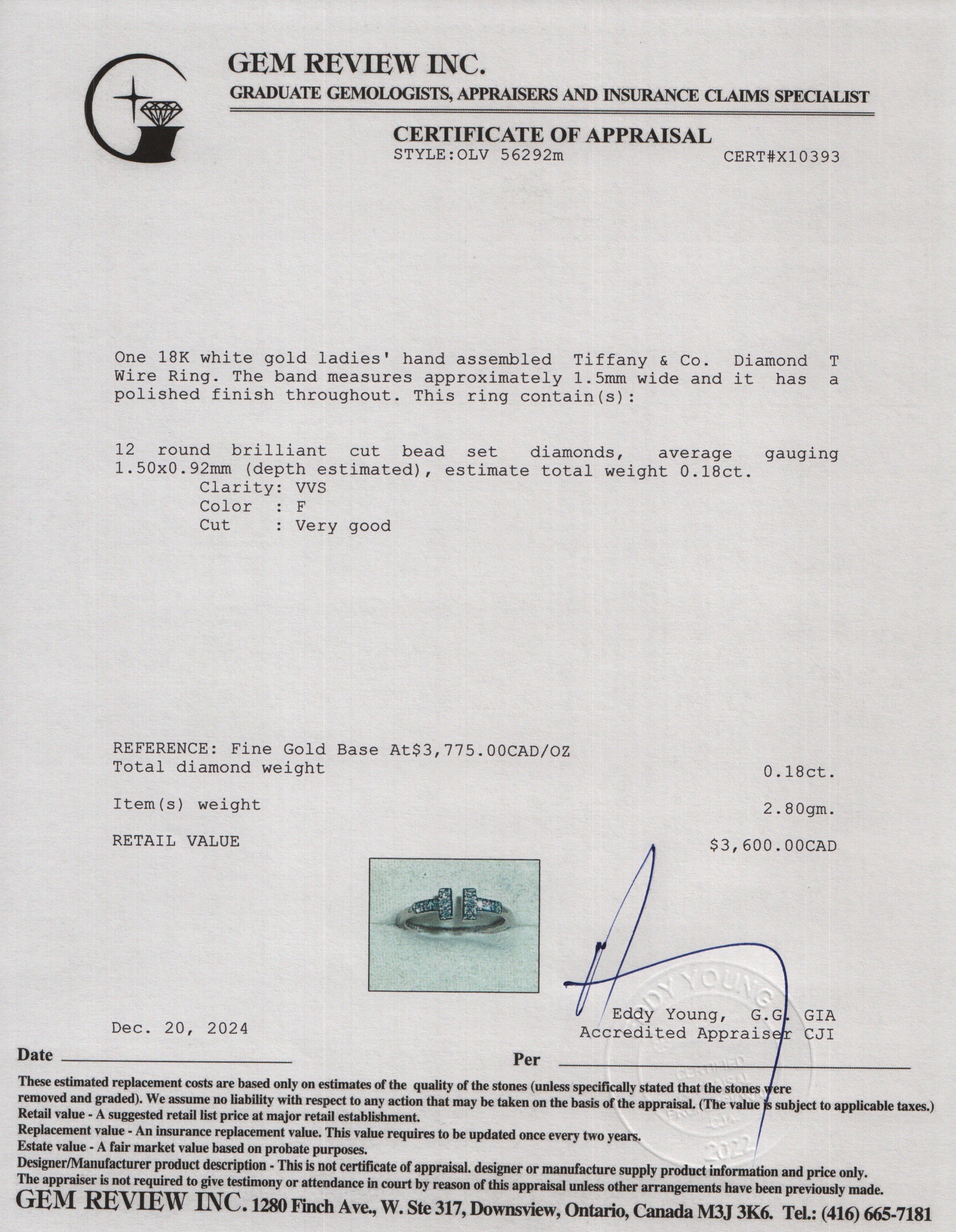 Tiffany & Co. 18k White Gold Diamond T Wire Ring, Size 6.5 w/ Box