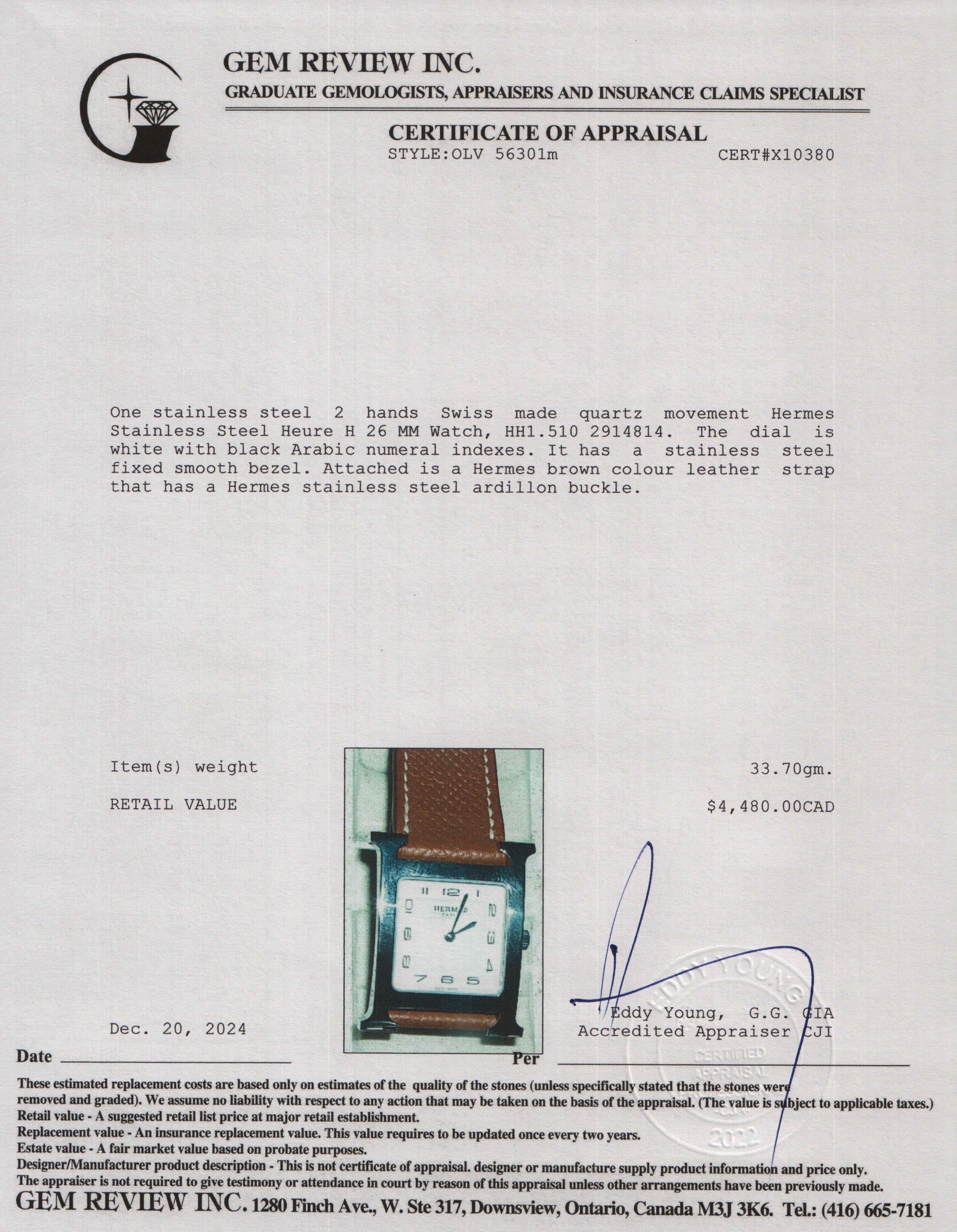 Hermes Stainless Steel Heure H 26 MM Watch w/ Box & Papers