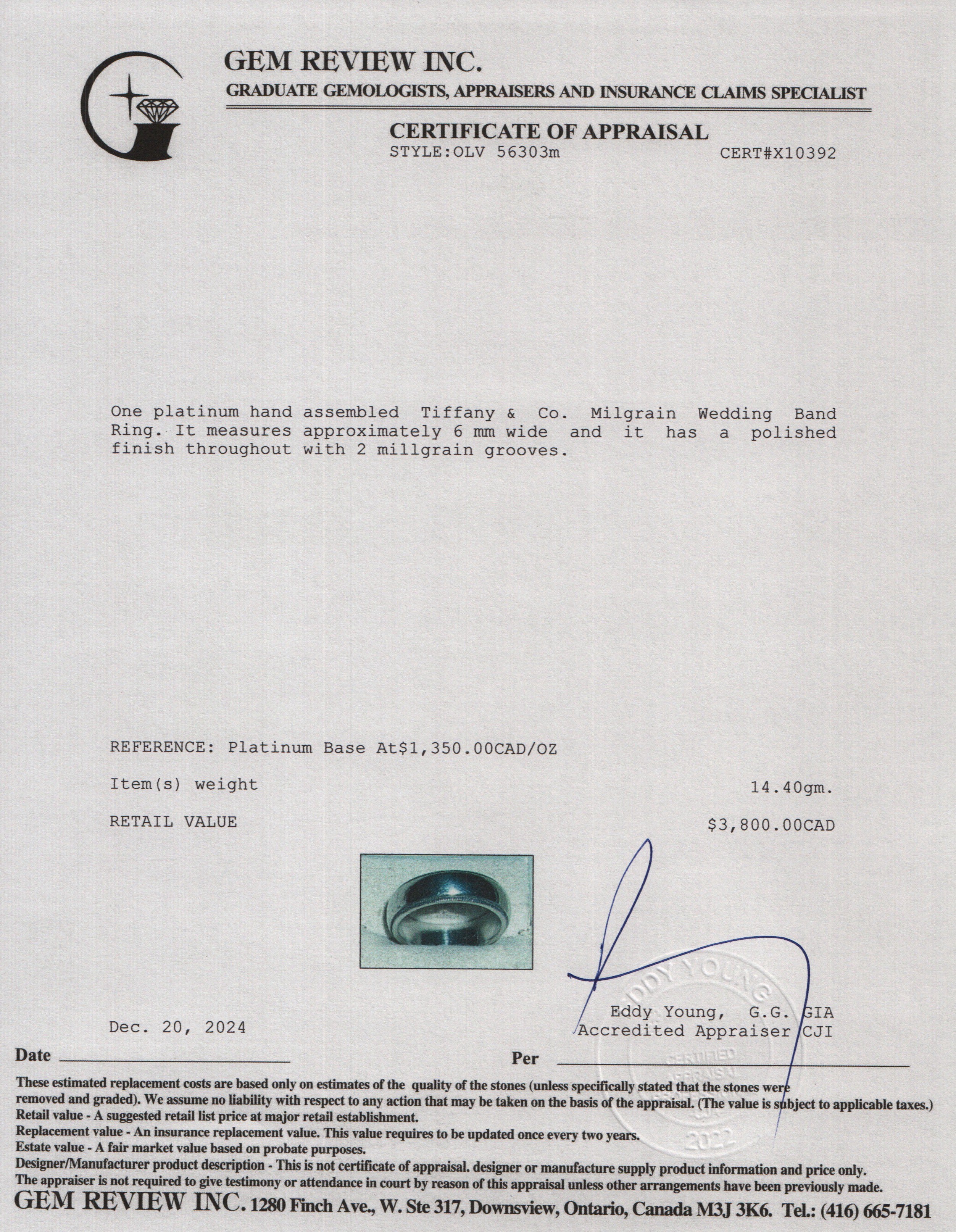 Tiffany & Co. Platinum 6 MM Milgrain Wedding Band Ring, Size 8.5