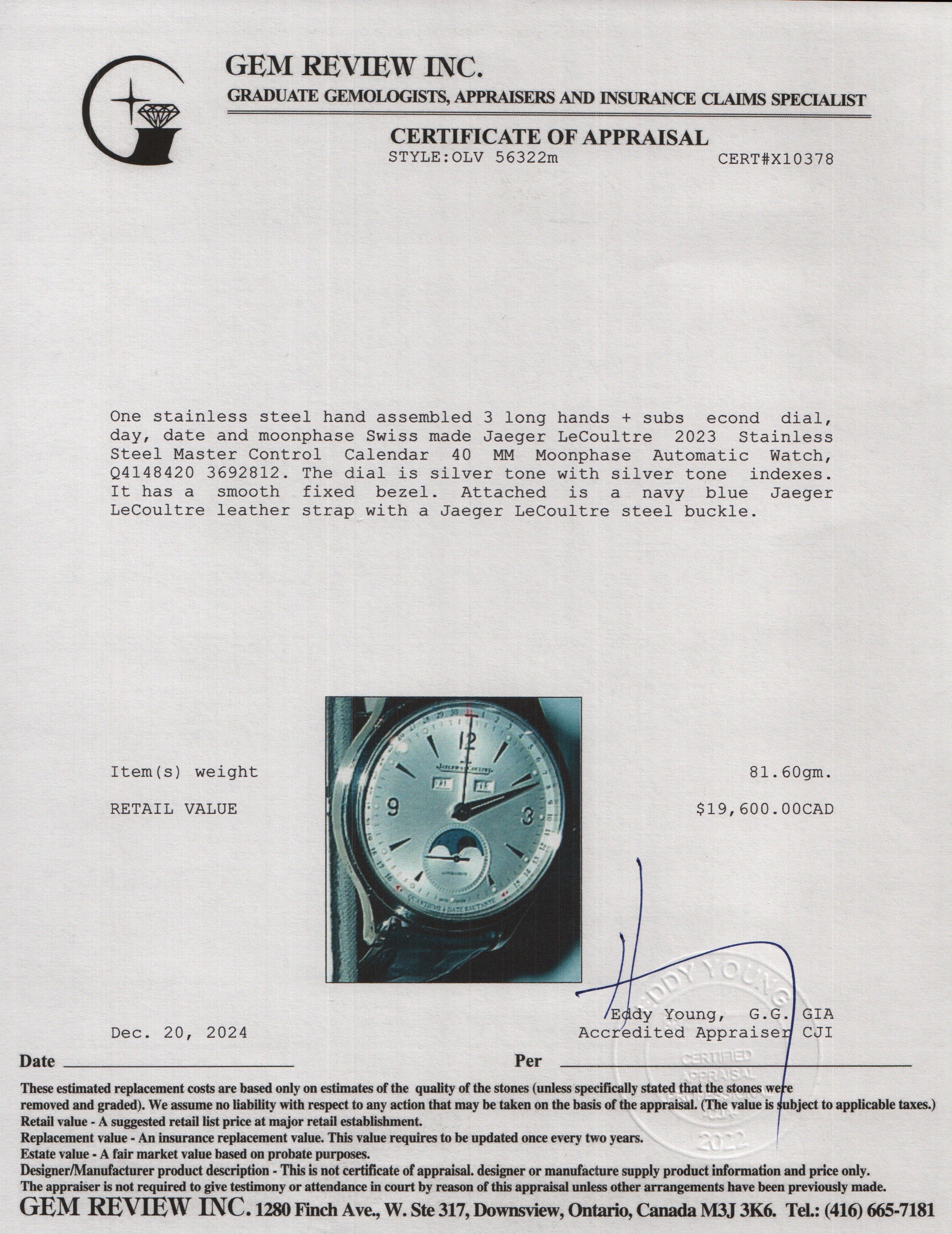 Jaeger LeCoultre 2023 Stainless Steel Master Control Calendar 40 MM Moonphase Automatic Watch w/ Box, Papers & Extra Strap