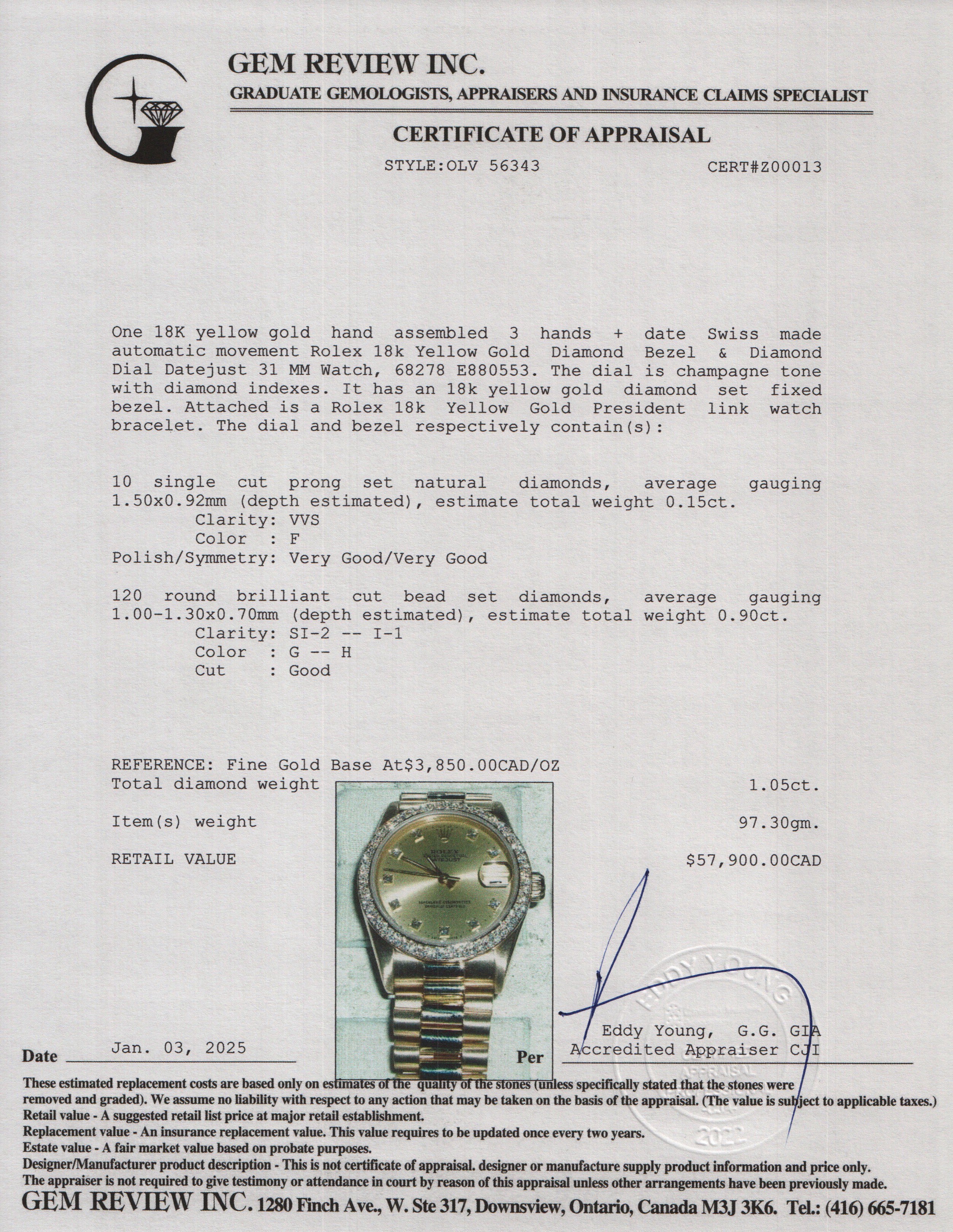 Rolex 18k Yellow Gold Diamond Bezel & Diamond Dial Datejust 31 MM Watch 68278