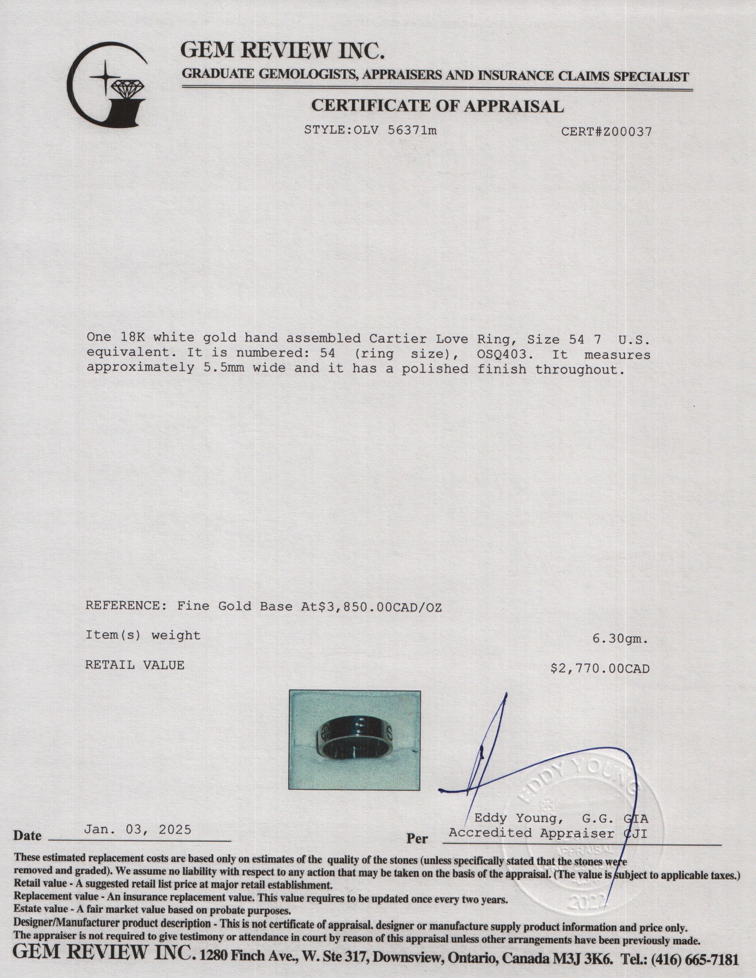 Cartier 2022 18k White Gold 5.5 MM Love Ring, Size 54 7 w/ Box, Receipt & Certificate