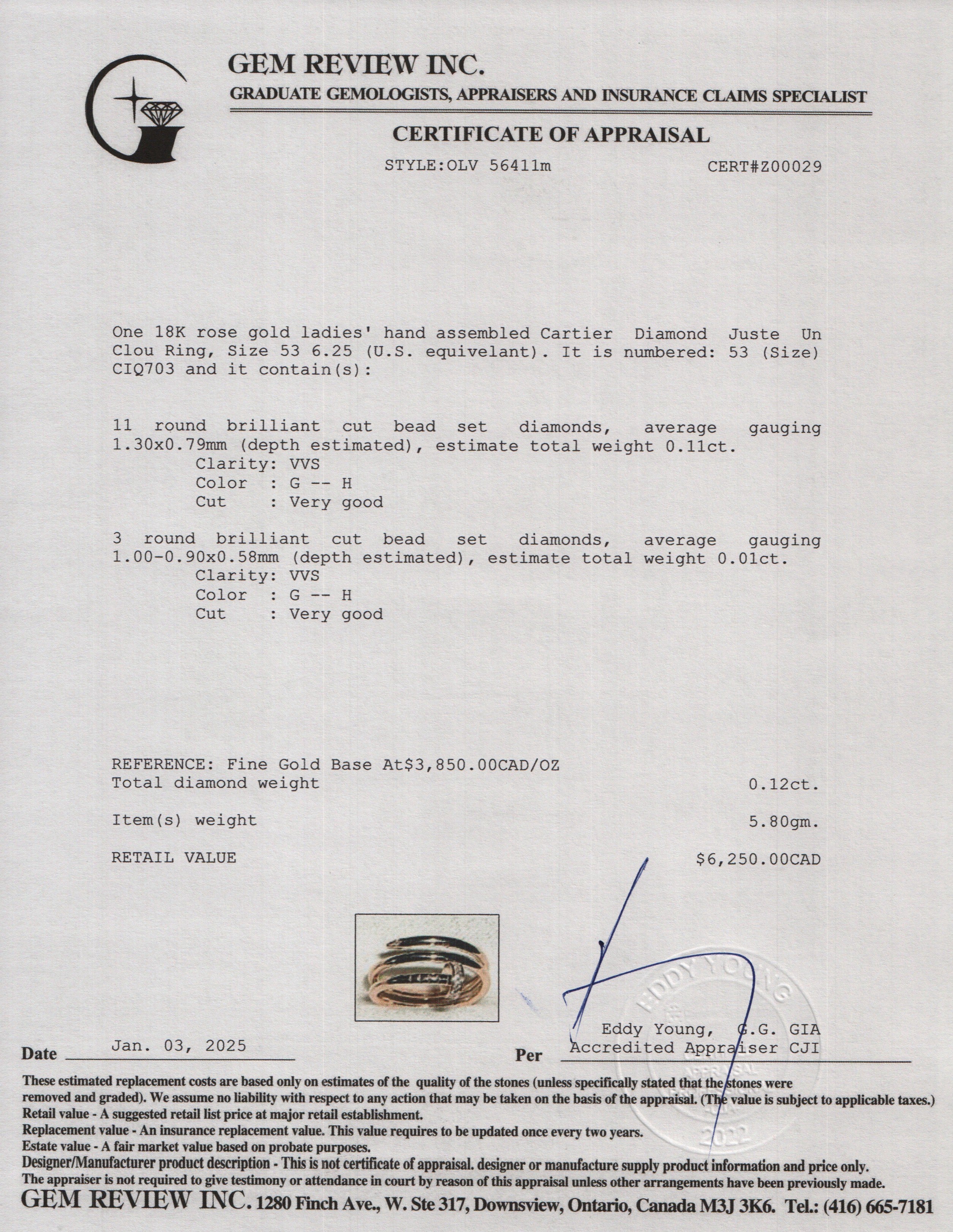 Cartier 18k Rose Gold Diamond Juste Un Clou Ring, Size 53 6.25 w/ Box & Certificate