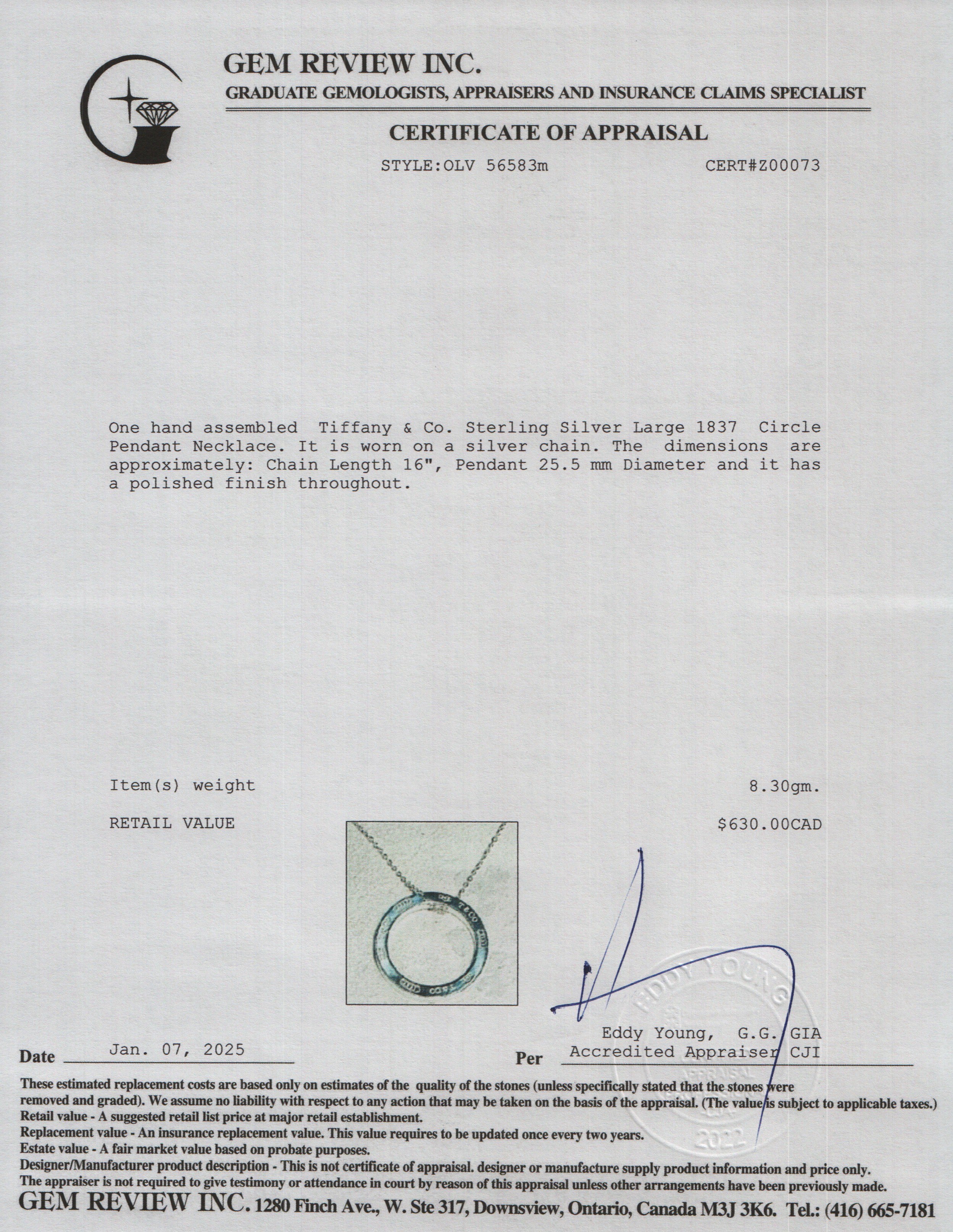 Tiffany & Co. Sterling Silver Large 1837 Circle Pendant Necklace