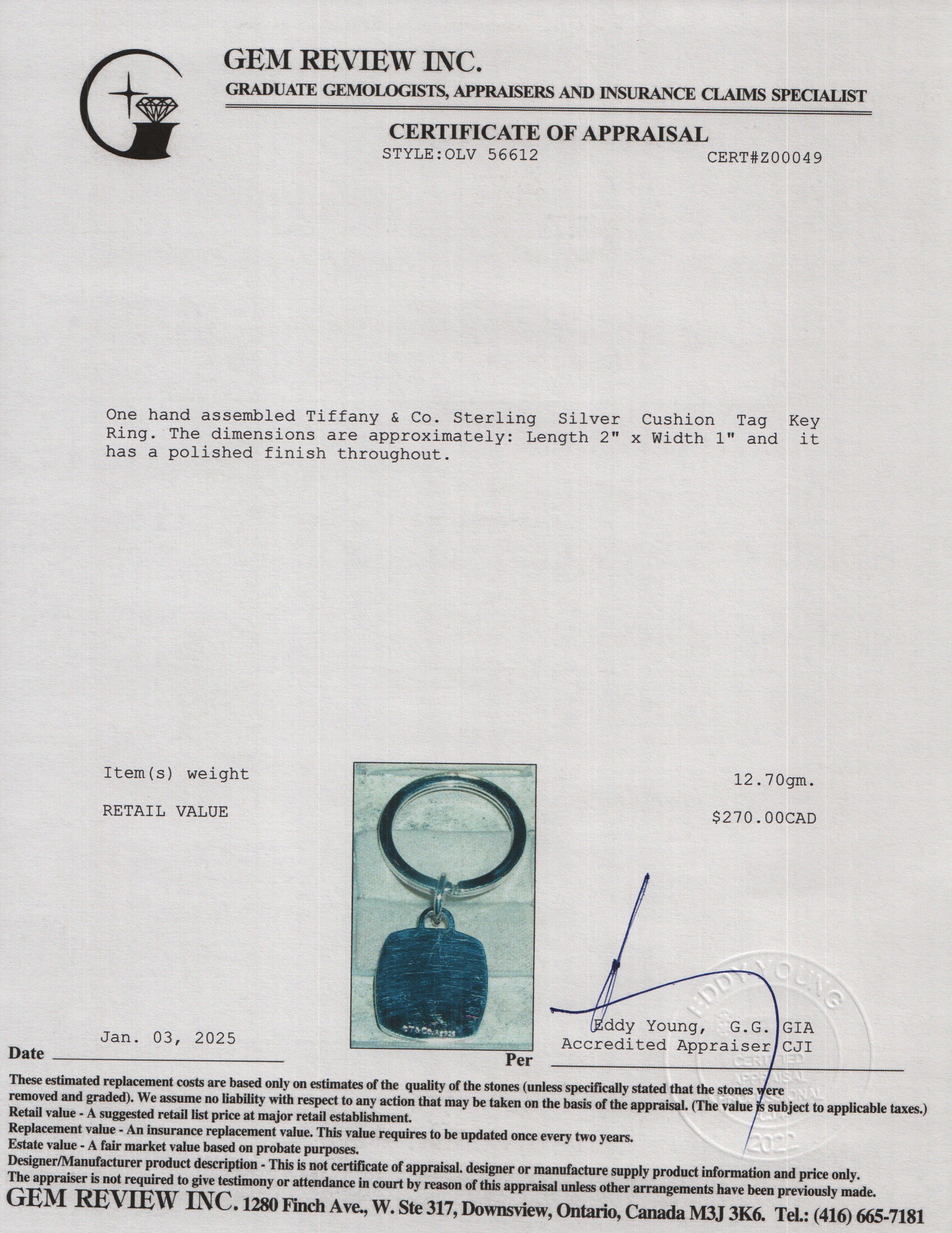 Tiffany & Co. Sterling Silver Cushion Tag Key Ring