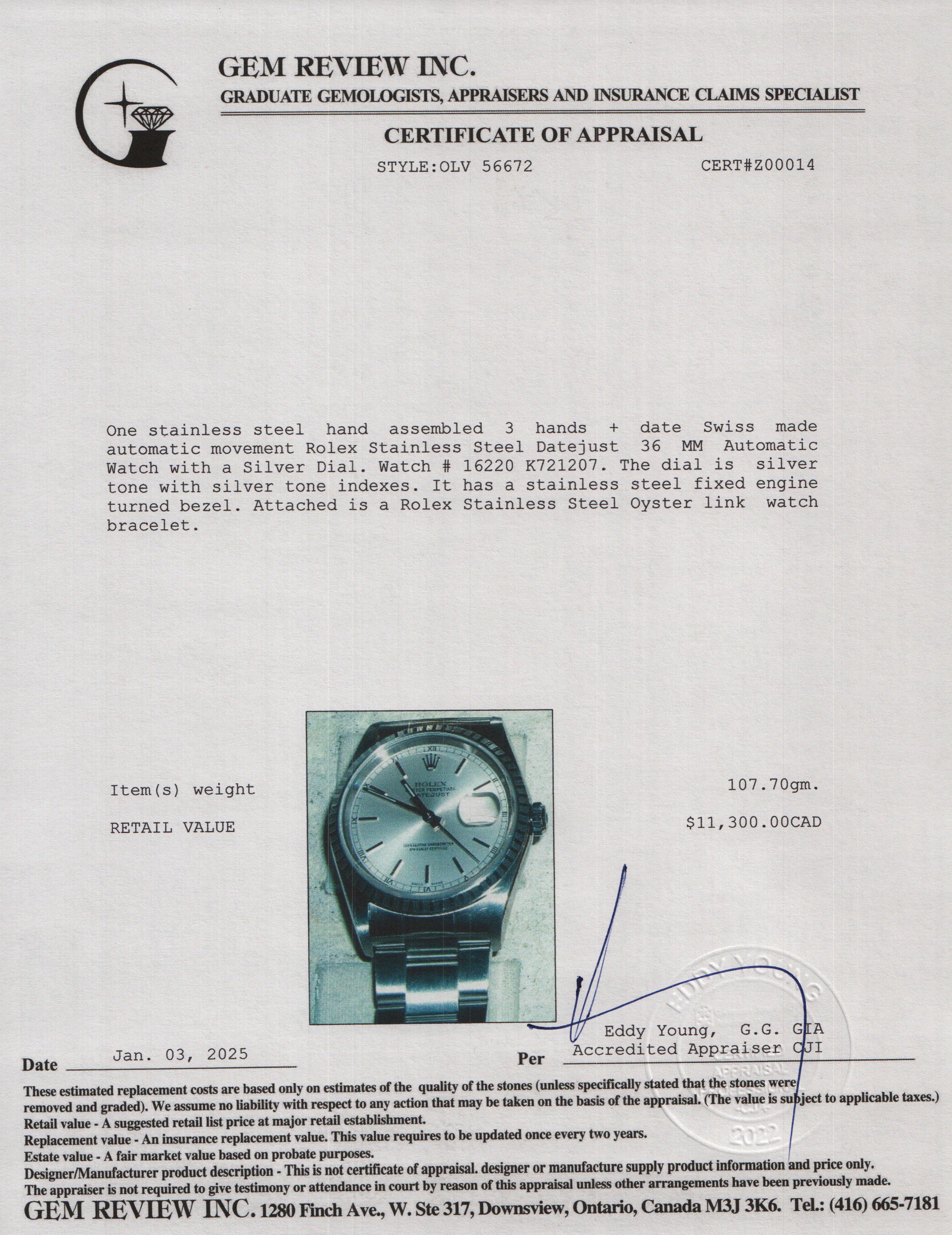 Rolex Stainless Steel Datejust 36 MM Automatic Watch Silver Dial 16220 w/ Box & Papers