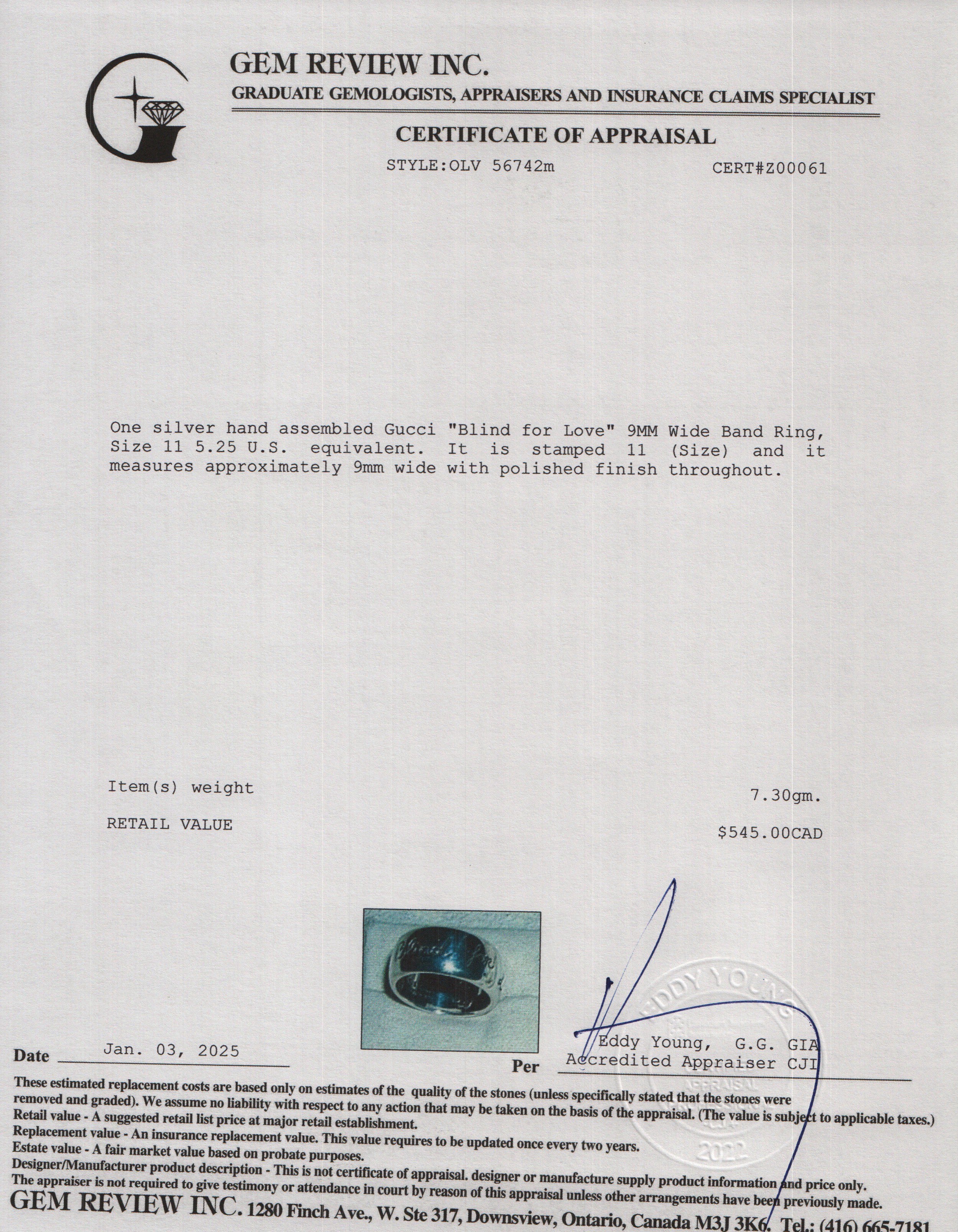 Gucci "Blind for Love" 9MM Wide Band Ring, Size 11 5.25