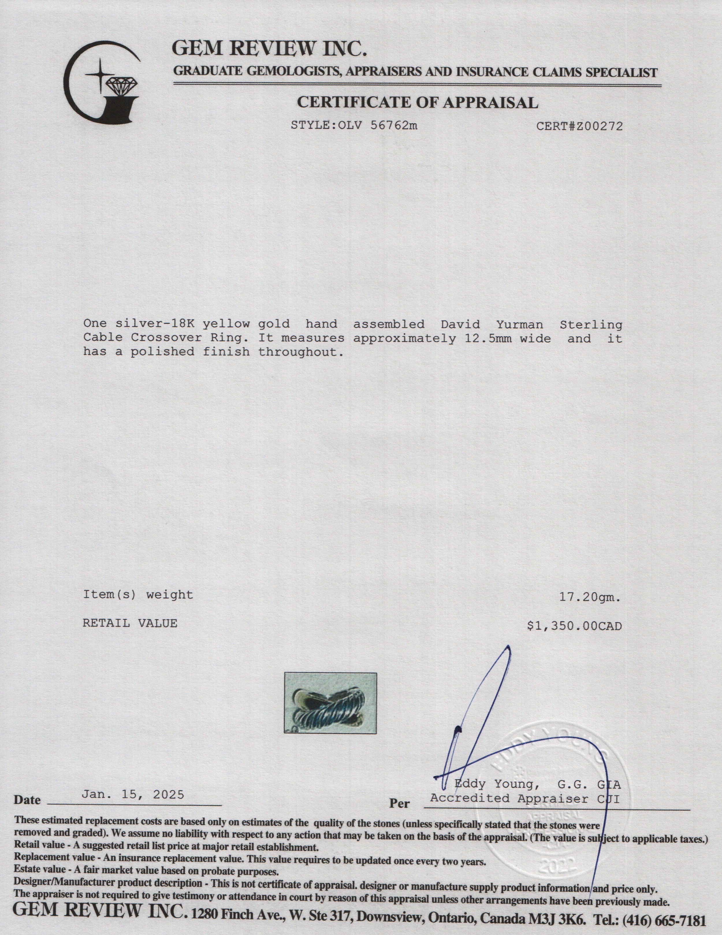 David Yurman Sterling Silver & 18k Yellow Gold Cable Crossover Ring, Size 6