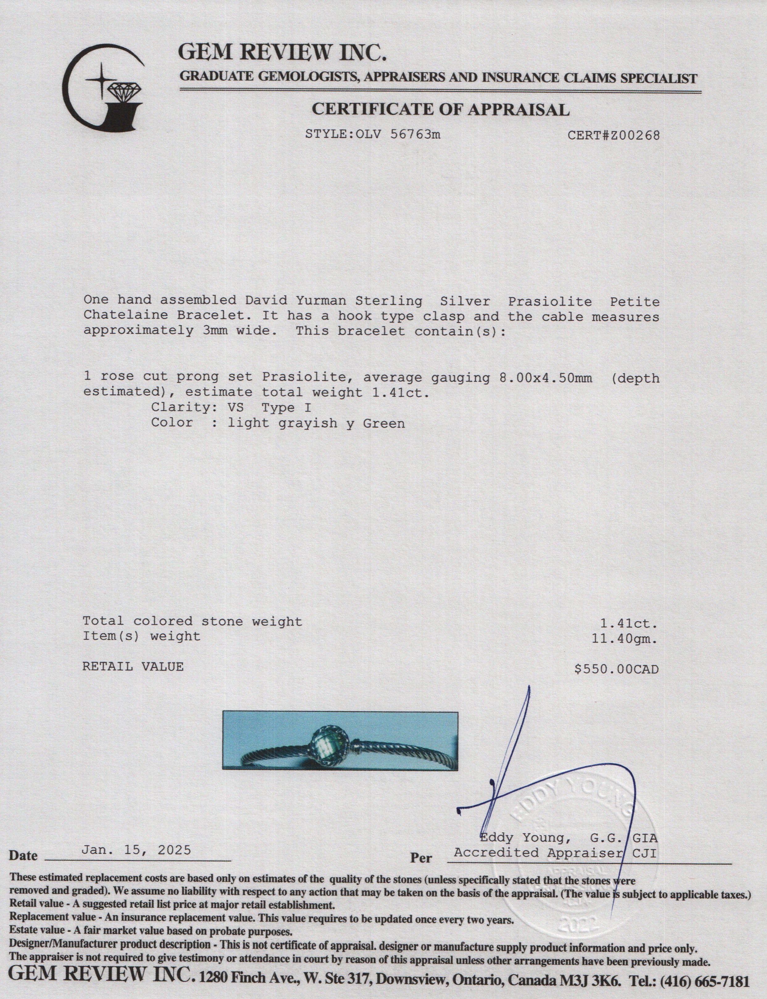 David Yurman Sterling Silver Prasiolite Petite Chatelaine Bracelet, 3MM