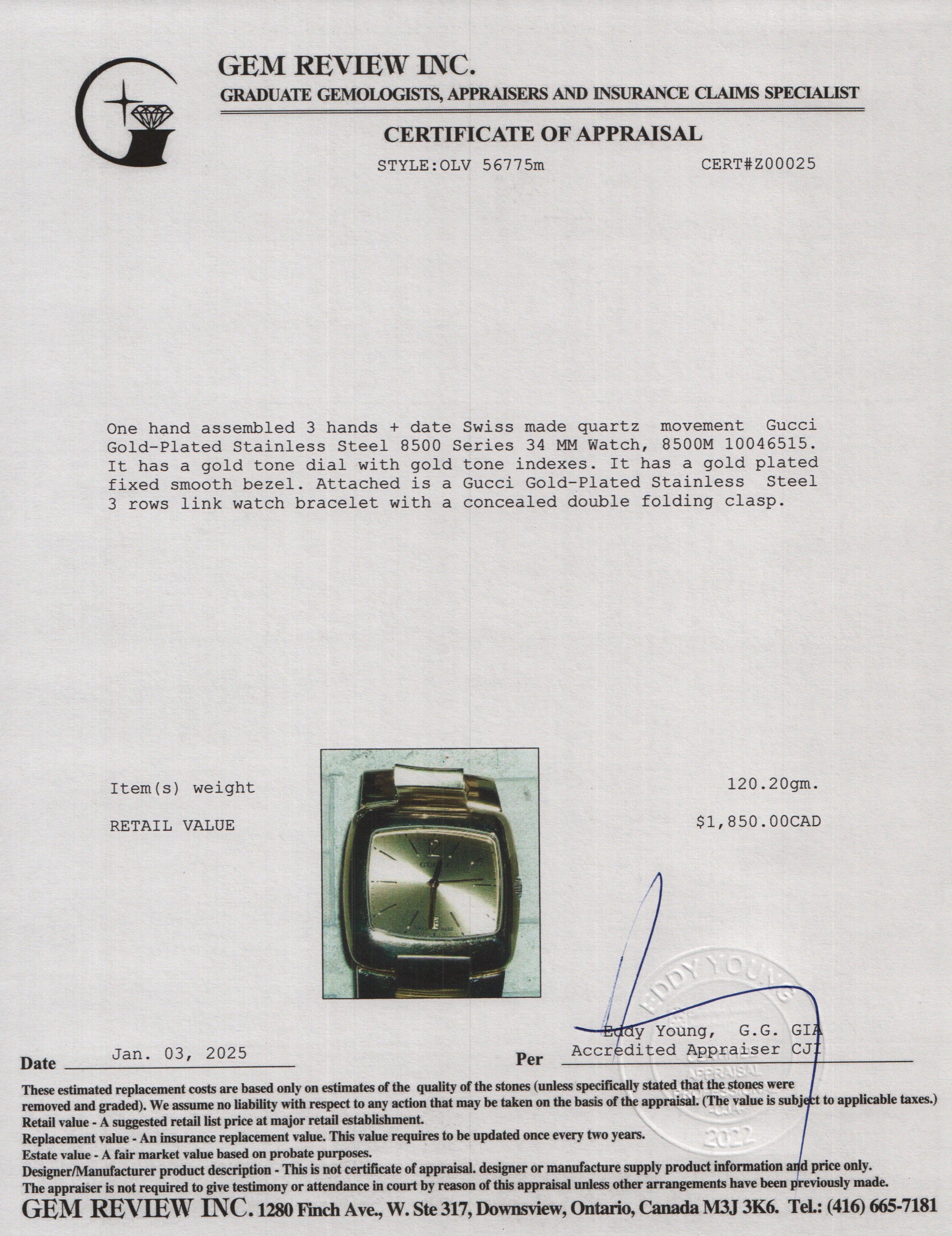 Gucci Gold-Plated Stainless Steel 8500 Series 34 MM Watch w/ Box