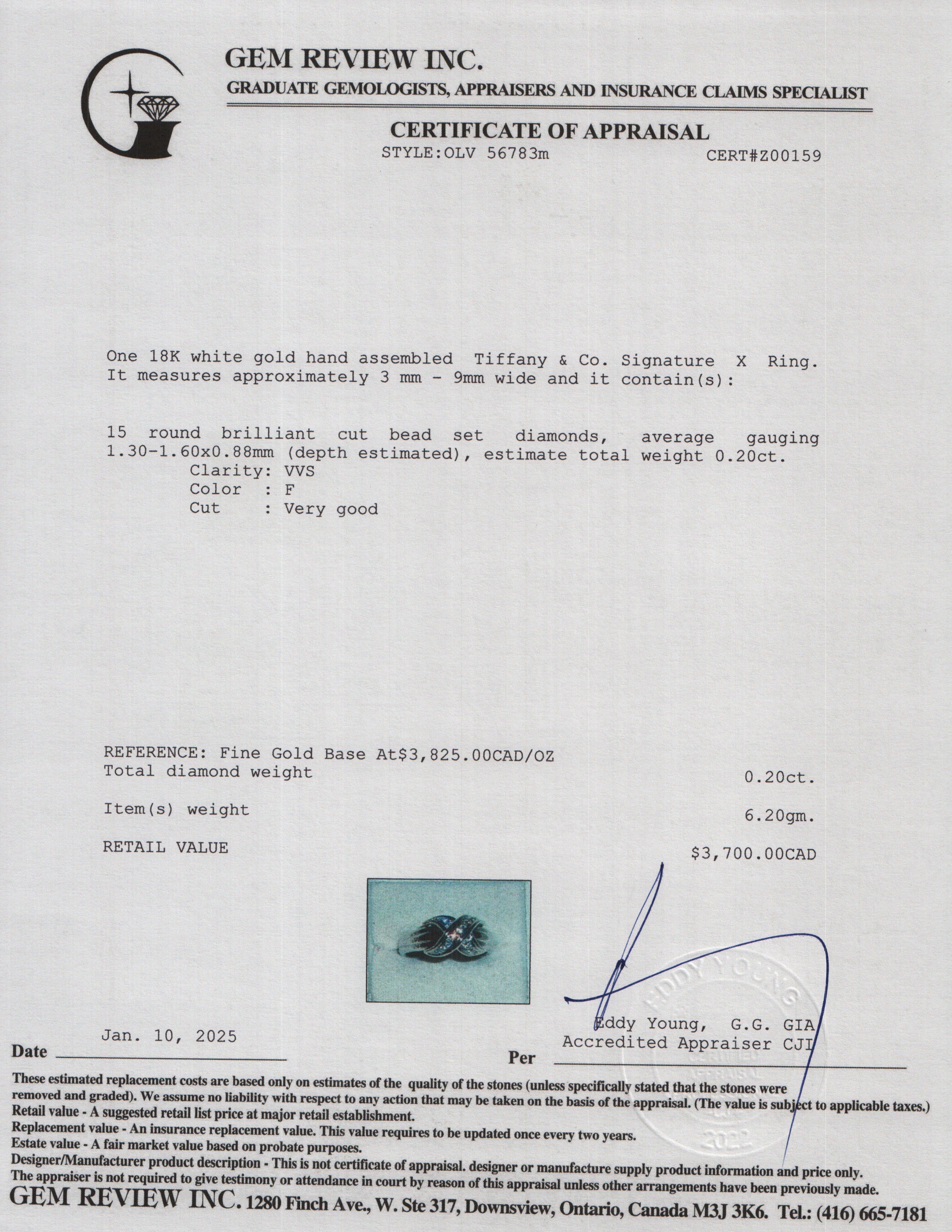 Tiffany & Co. 18k White Gold Diamond Signature X Ring, Size 7.25