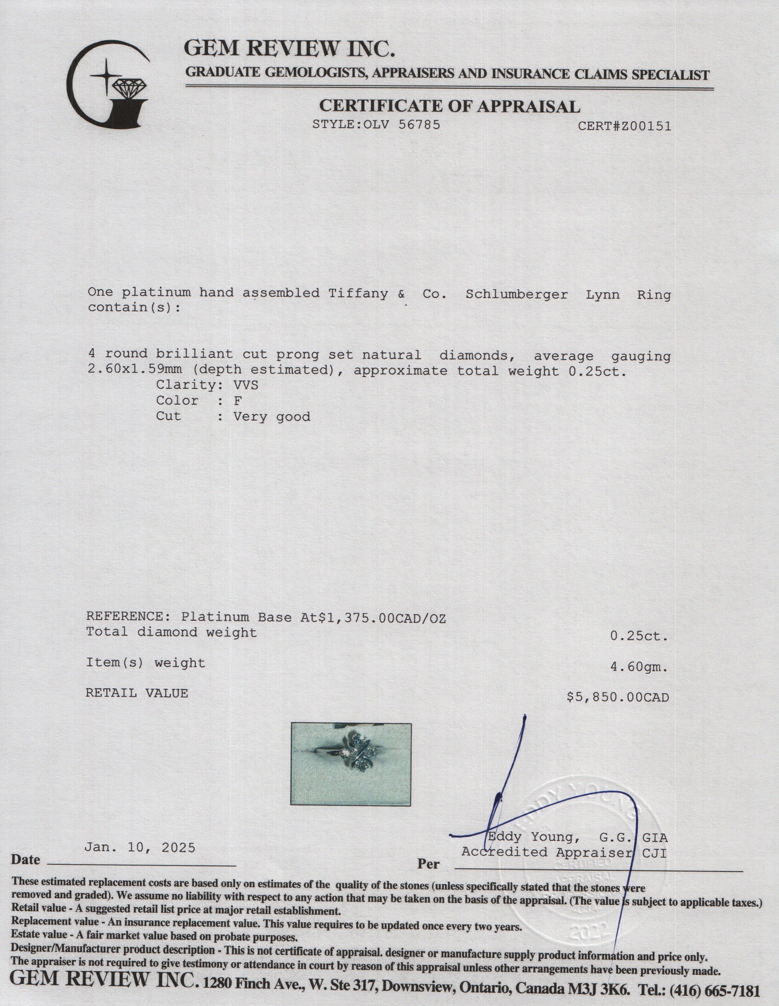 Tiffany & Co. Schlumberger Platinum Diamond Lynn Ring, Size 4