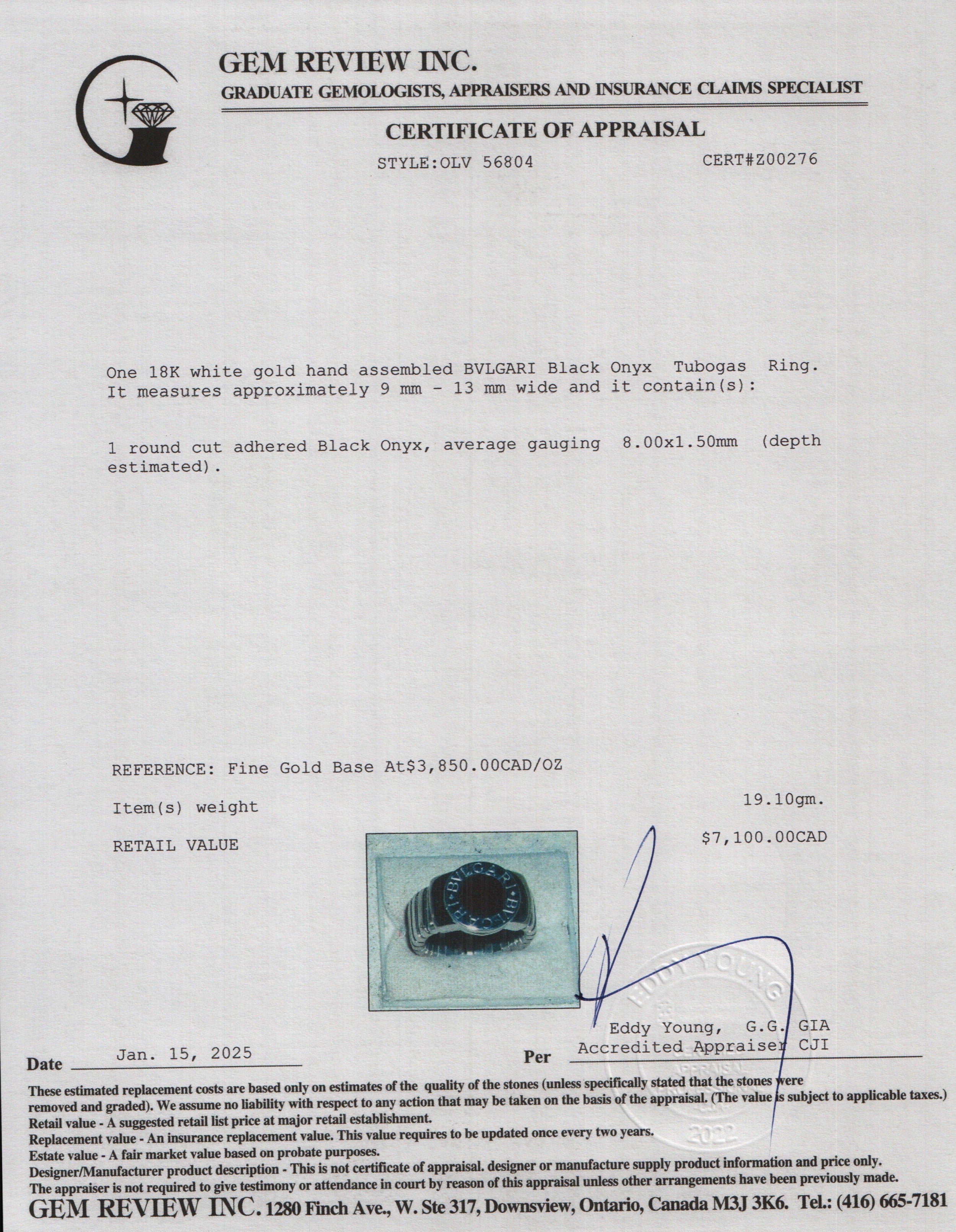 BVLGARI 18k White Gold Black Onyx Tubogas Ring, Size 7