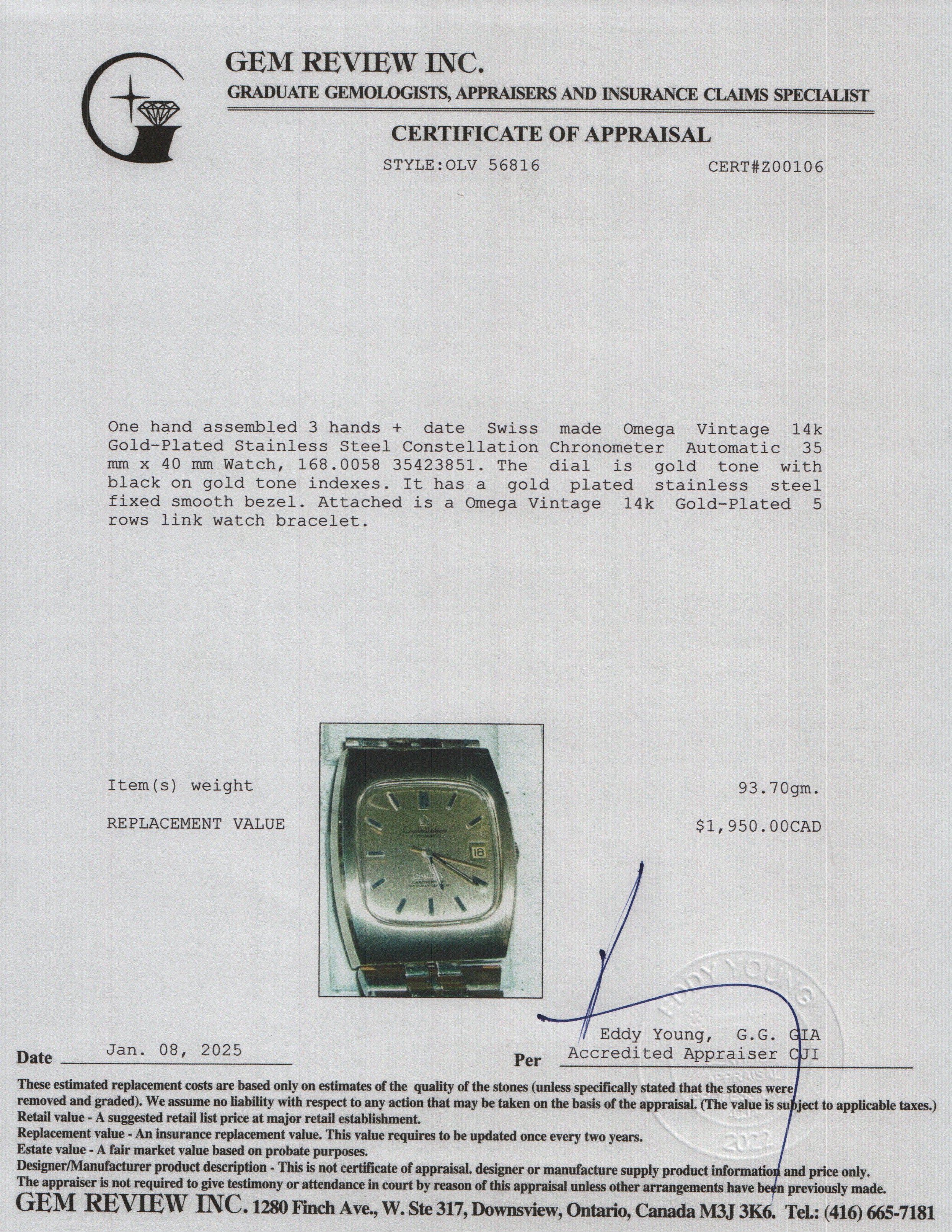 Omega Vintage 14k Gold-Plated Stainless Steel Constellation Chronometer Automatic Watch w/ Papers