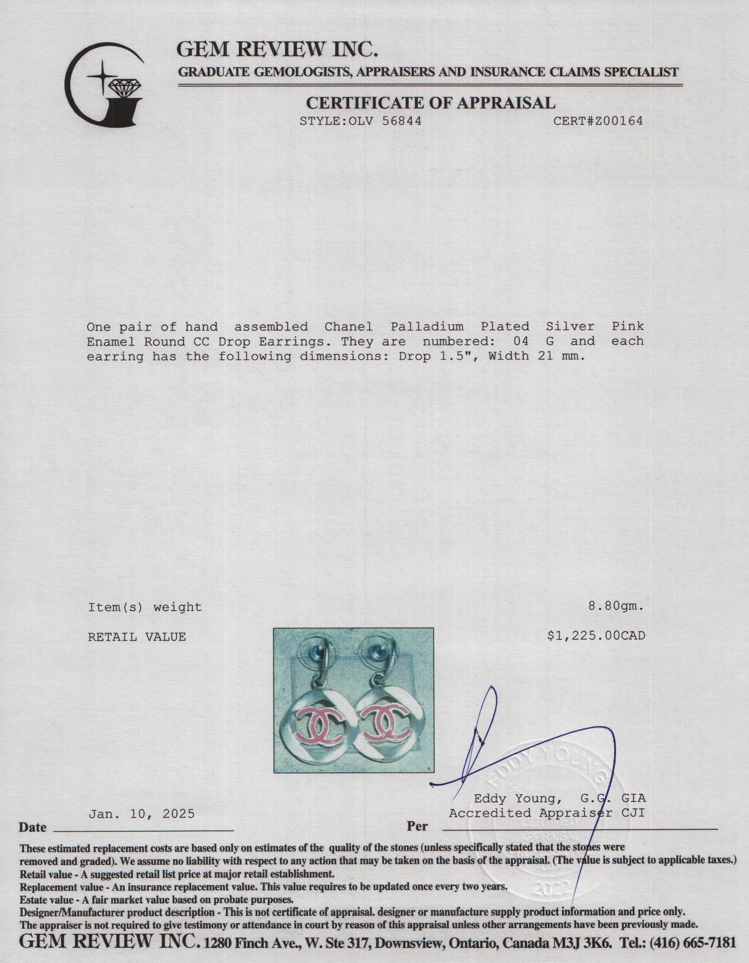 Chanel Palladium Plated Silver Pink Enamel Round CC Drop Earrings