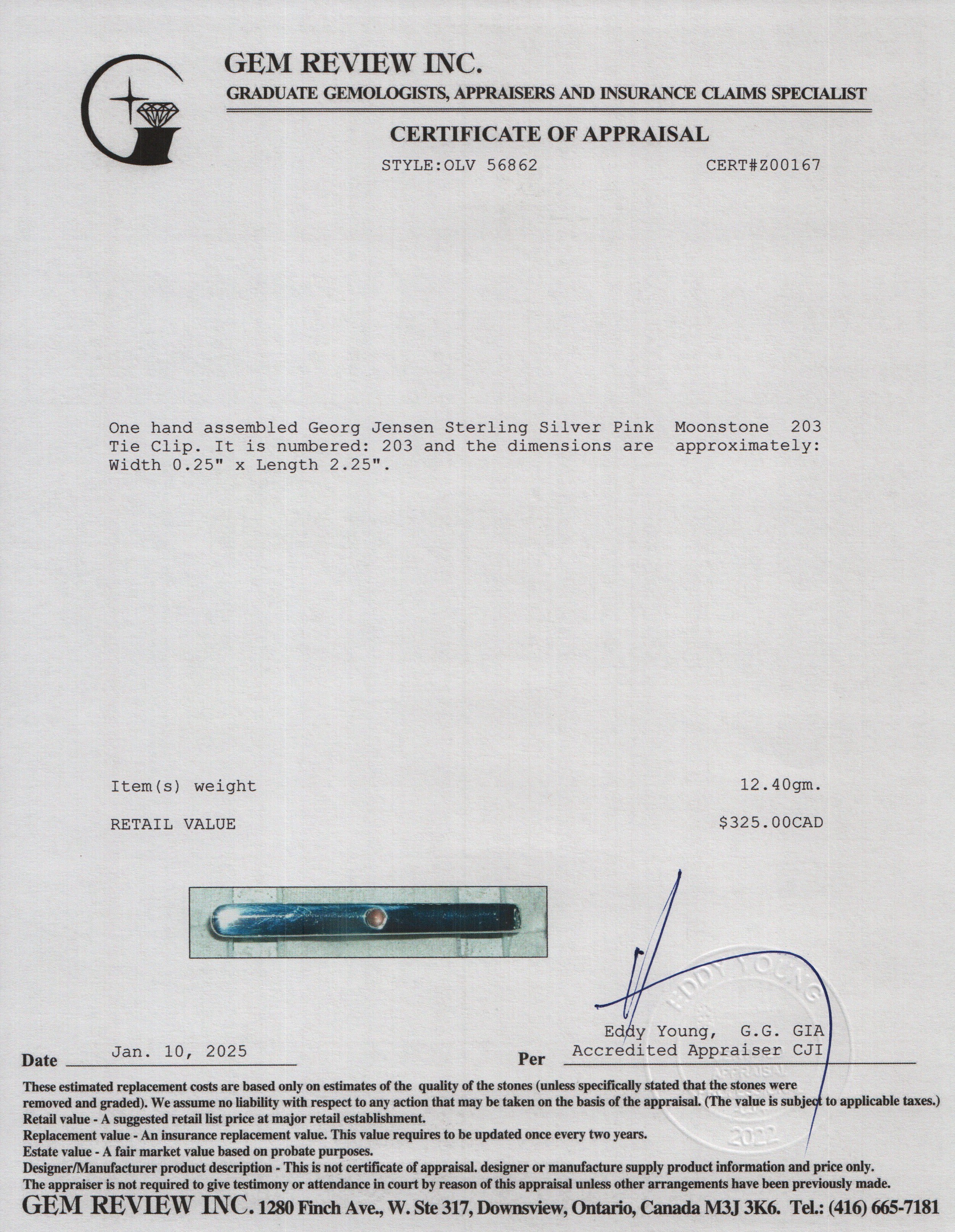 Georg Jensen Sterling Silver Pink Moonstone 203 Tie Clip