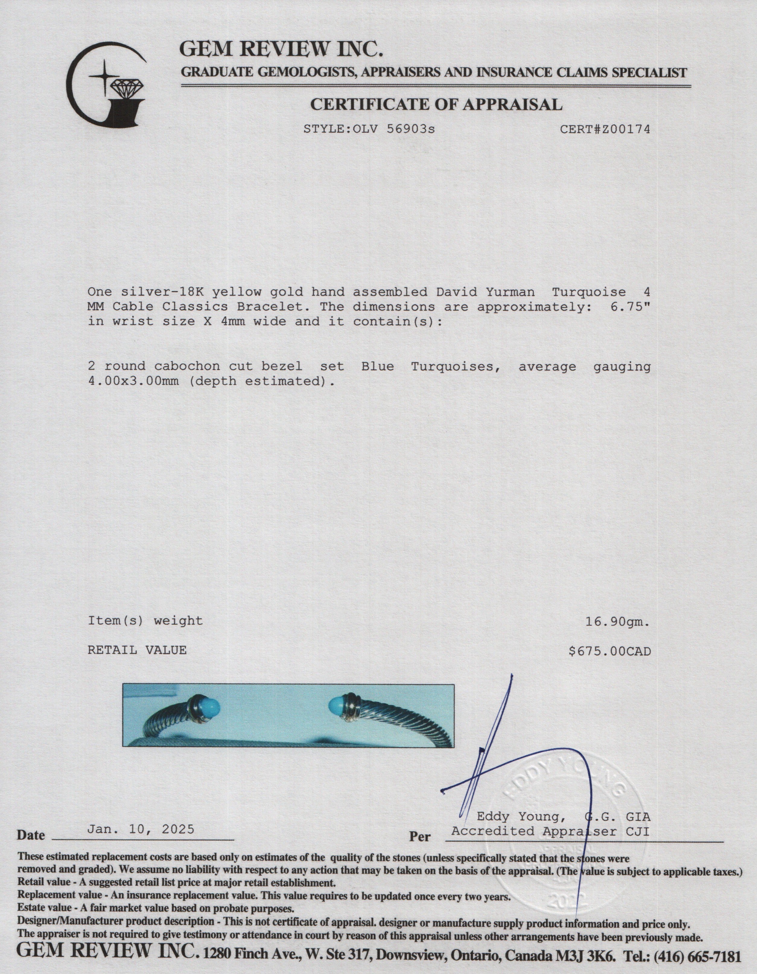 David Yurman Sterling Silver & 18k Yellow Gold Turquoise 4 MM Cable Classics Bracelet w/ Box