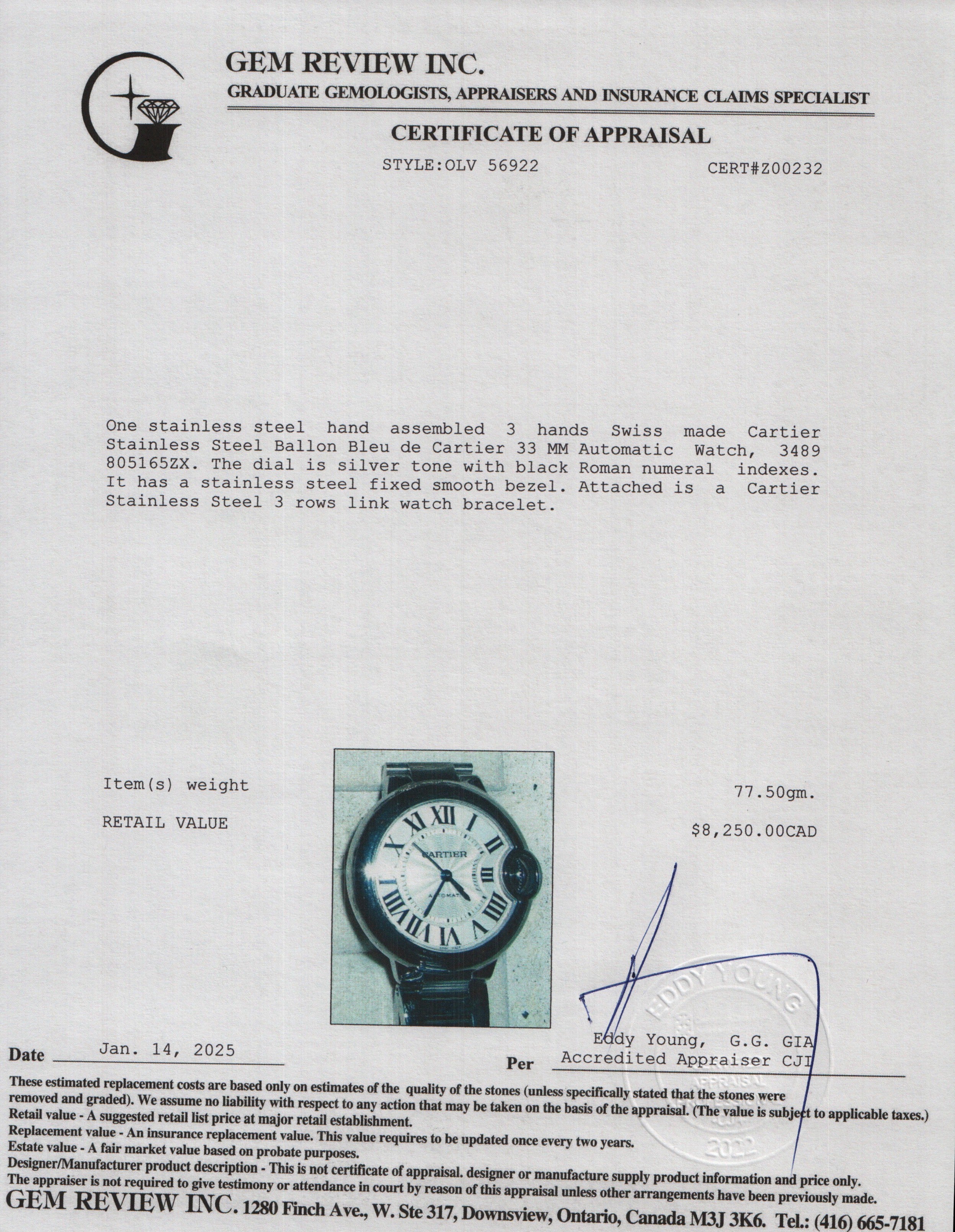 Cartier Stainless Steel Ballon Bleu de Cartier 33 MM Automatic Watch 3489 w/ Box & Papers