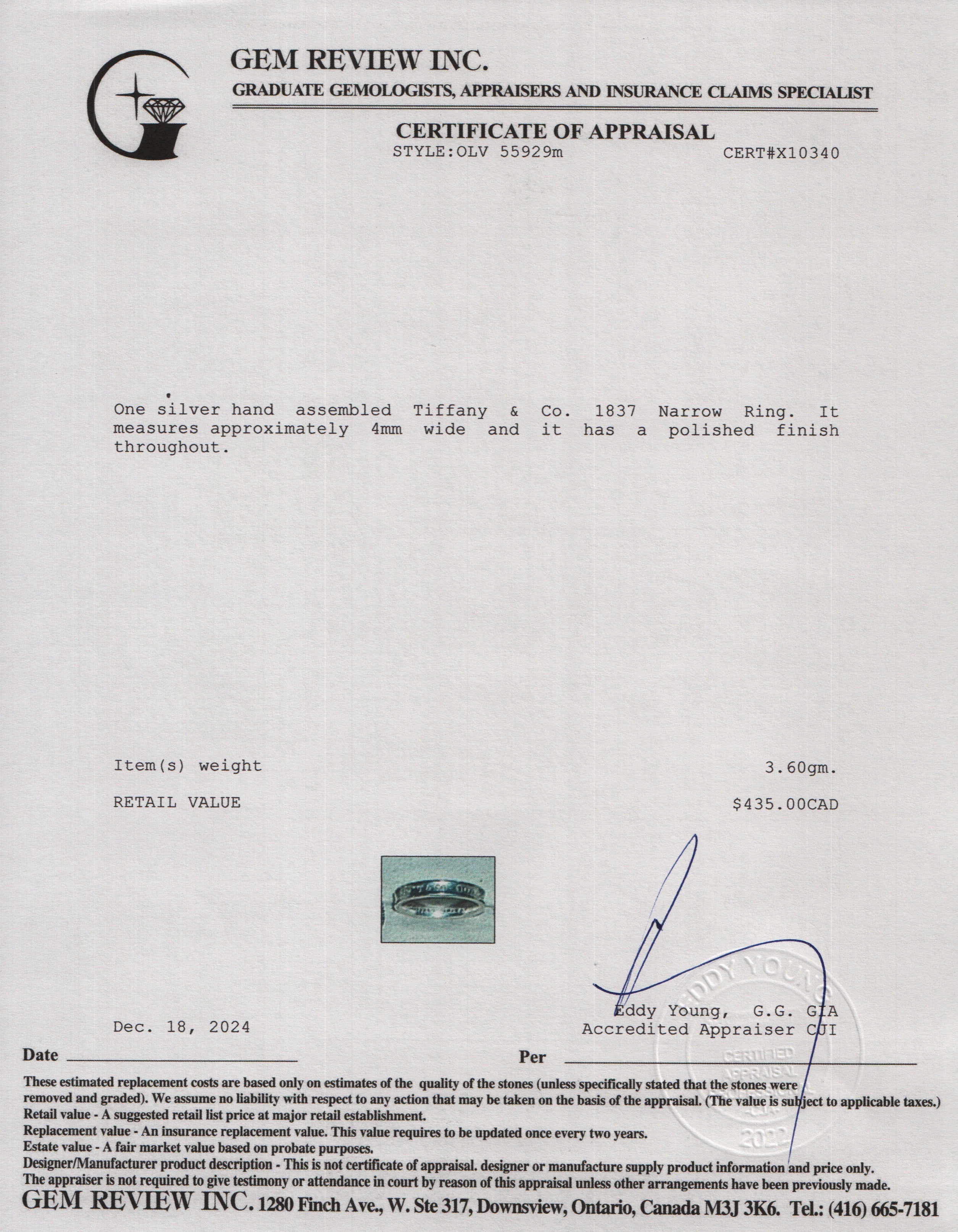 Tiffany & Co. Sterling Silver 1837 Narrow Ring, Size 4