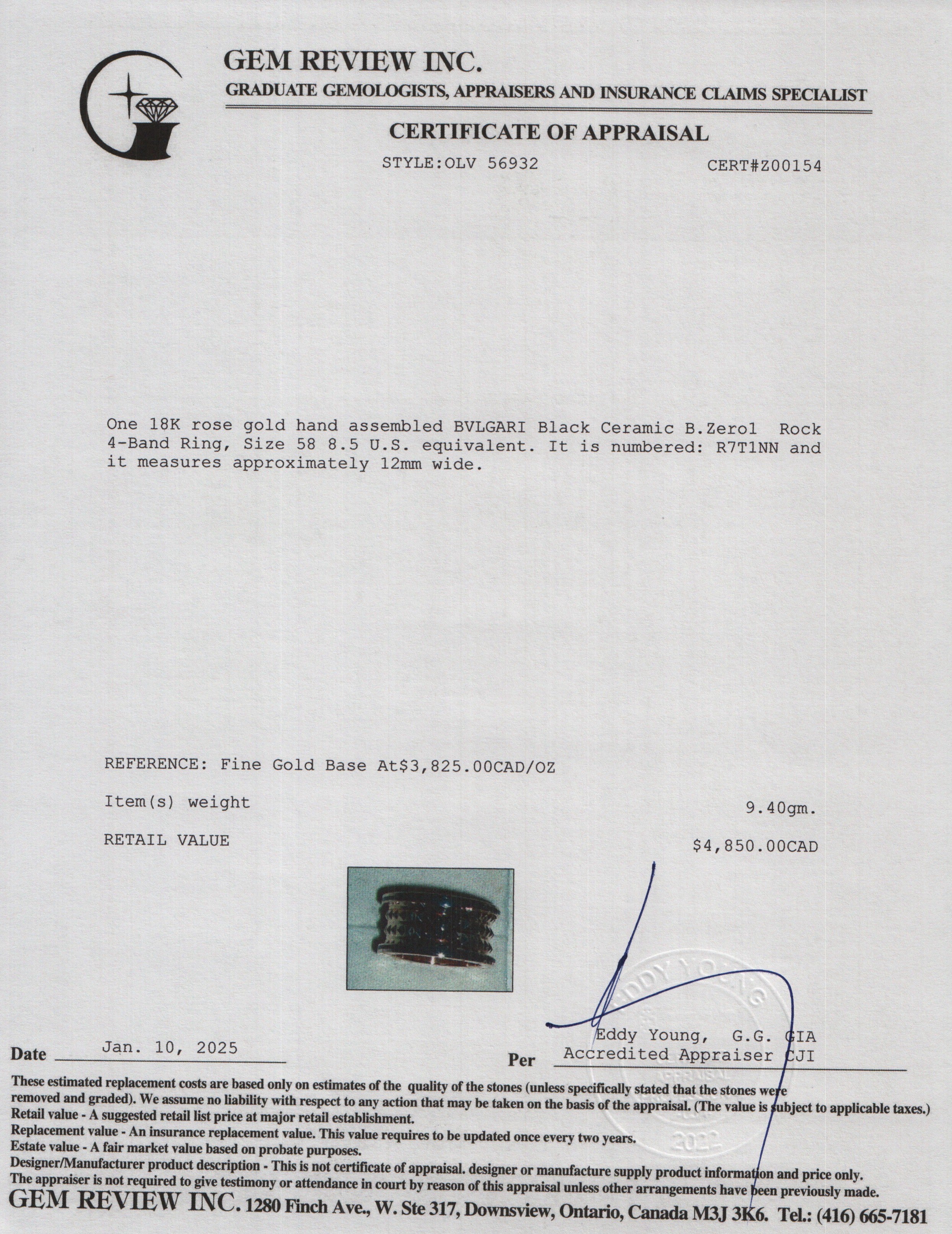 BVLGARI 18k Rose Gold & Black Ceramic B.Zero1 Rock 4-Band Ring, Size 58 8.5 w/ Box