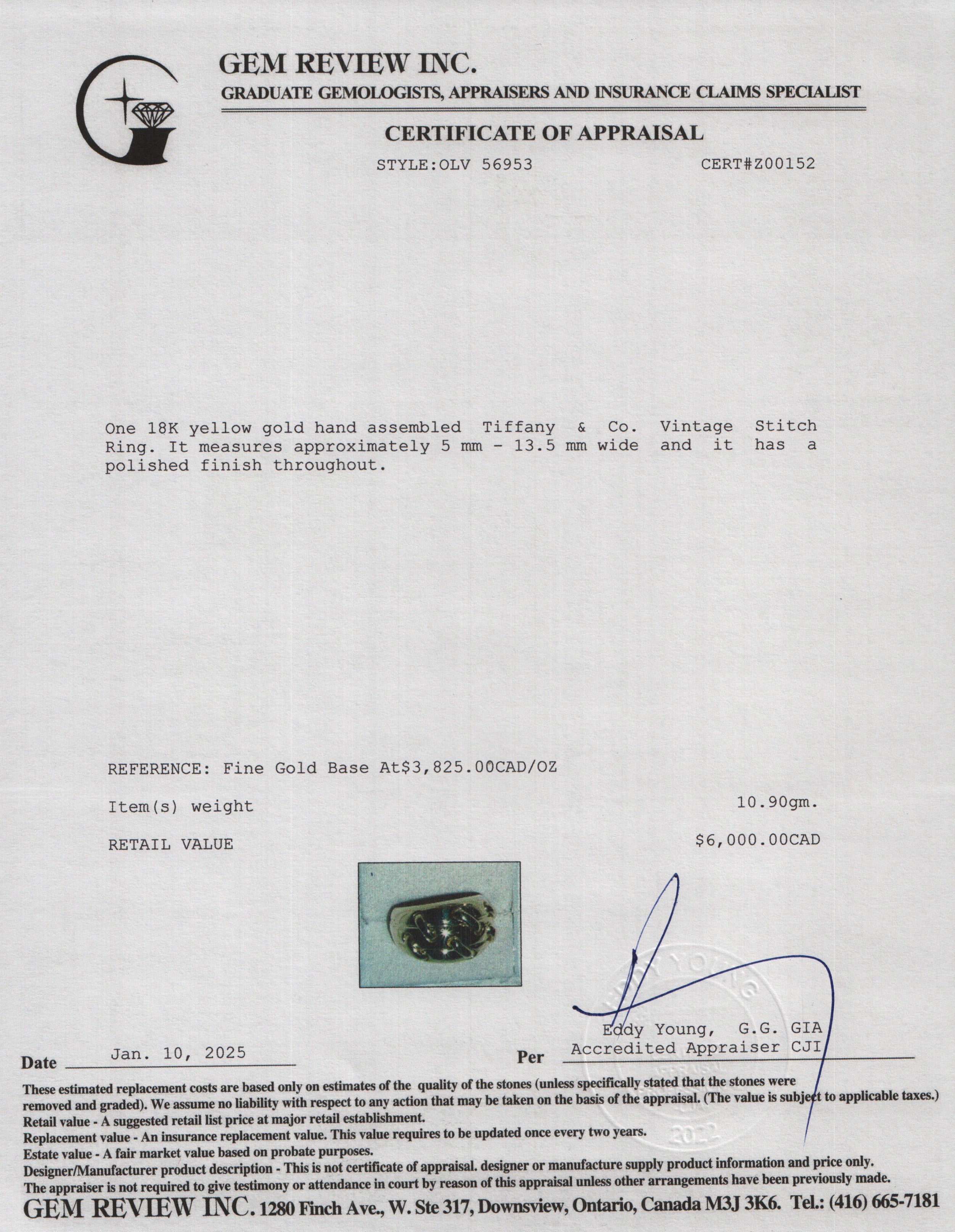 Tiffany & Co. Vintage 18k Yellow Gold Stitch Ring, Size 6.25