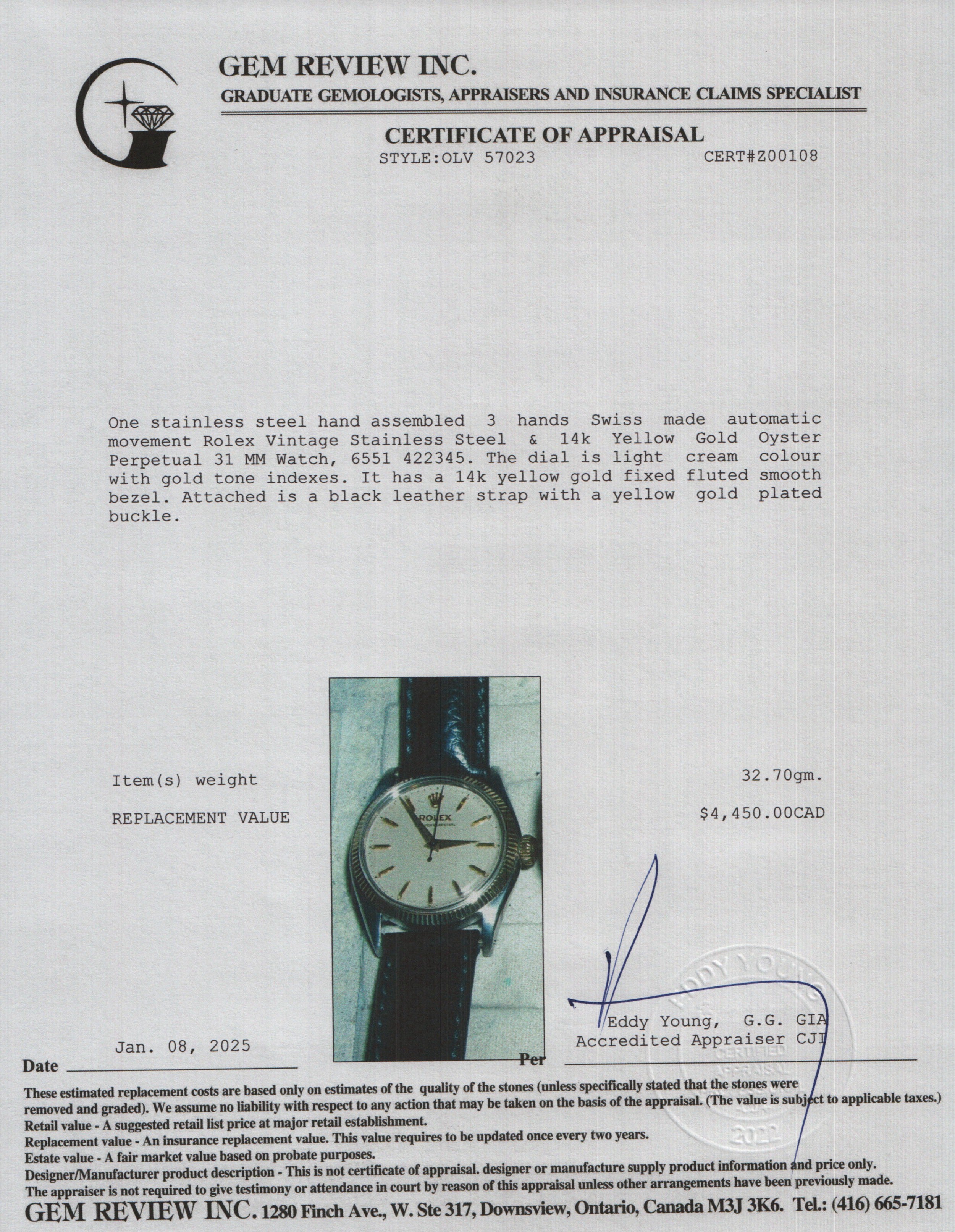 Rolex Vintage Stainless Steel & 14k Yellow Gold Oyster Perpetual 31 MM Watch 6551