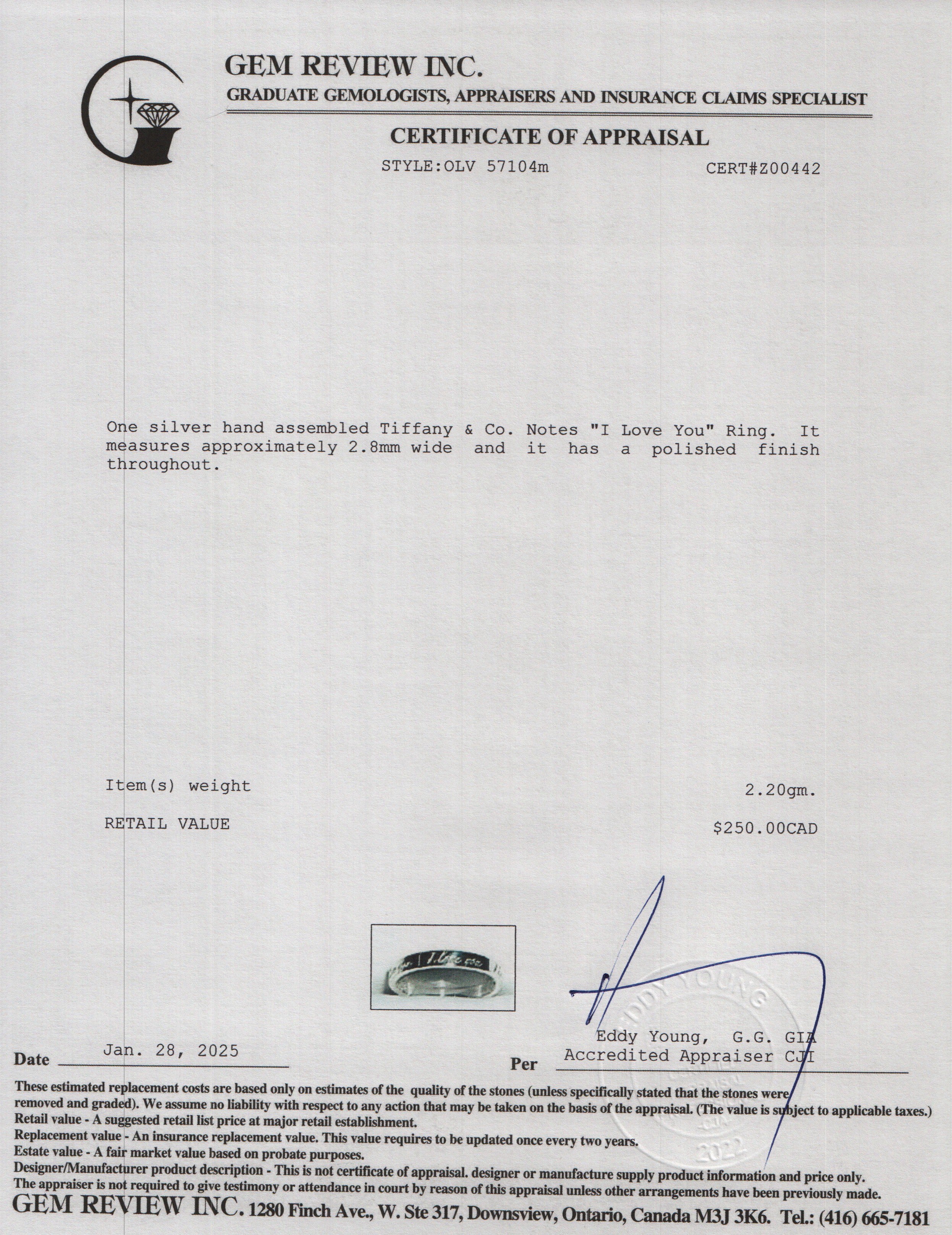 Tiffany & Co. Sterling Silver Notes "I Love You" Ring, Size 6.5