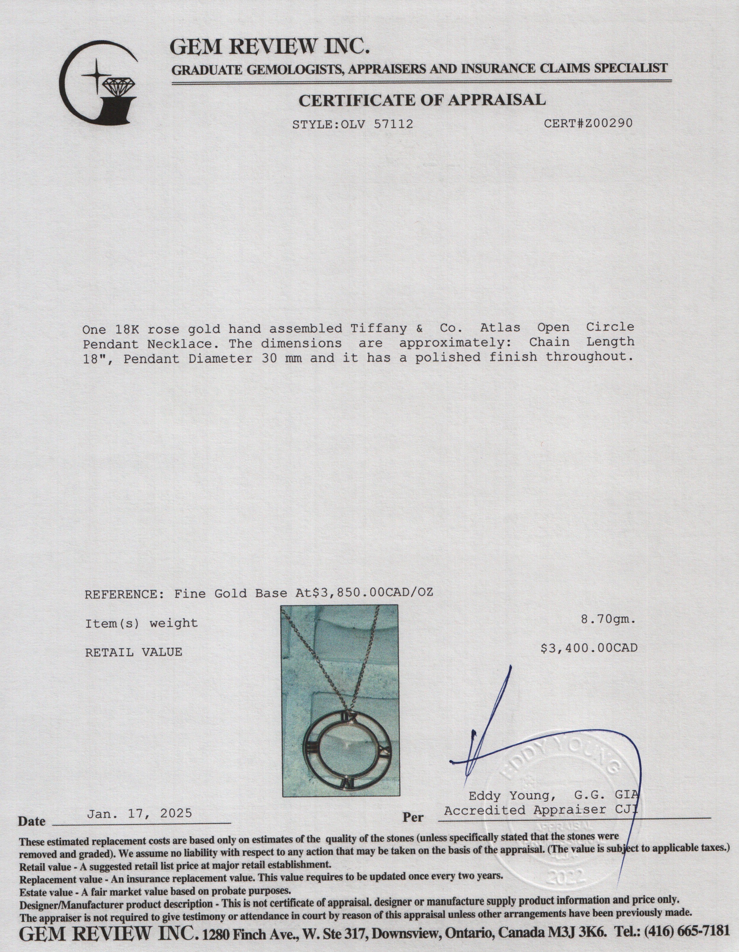 Tiffany & Co. 18k Rose Gold Atlas Open Circle Pendant Necklace w/ Box