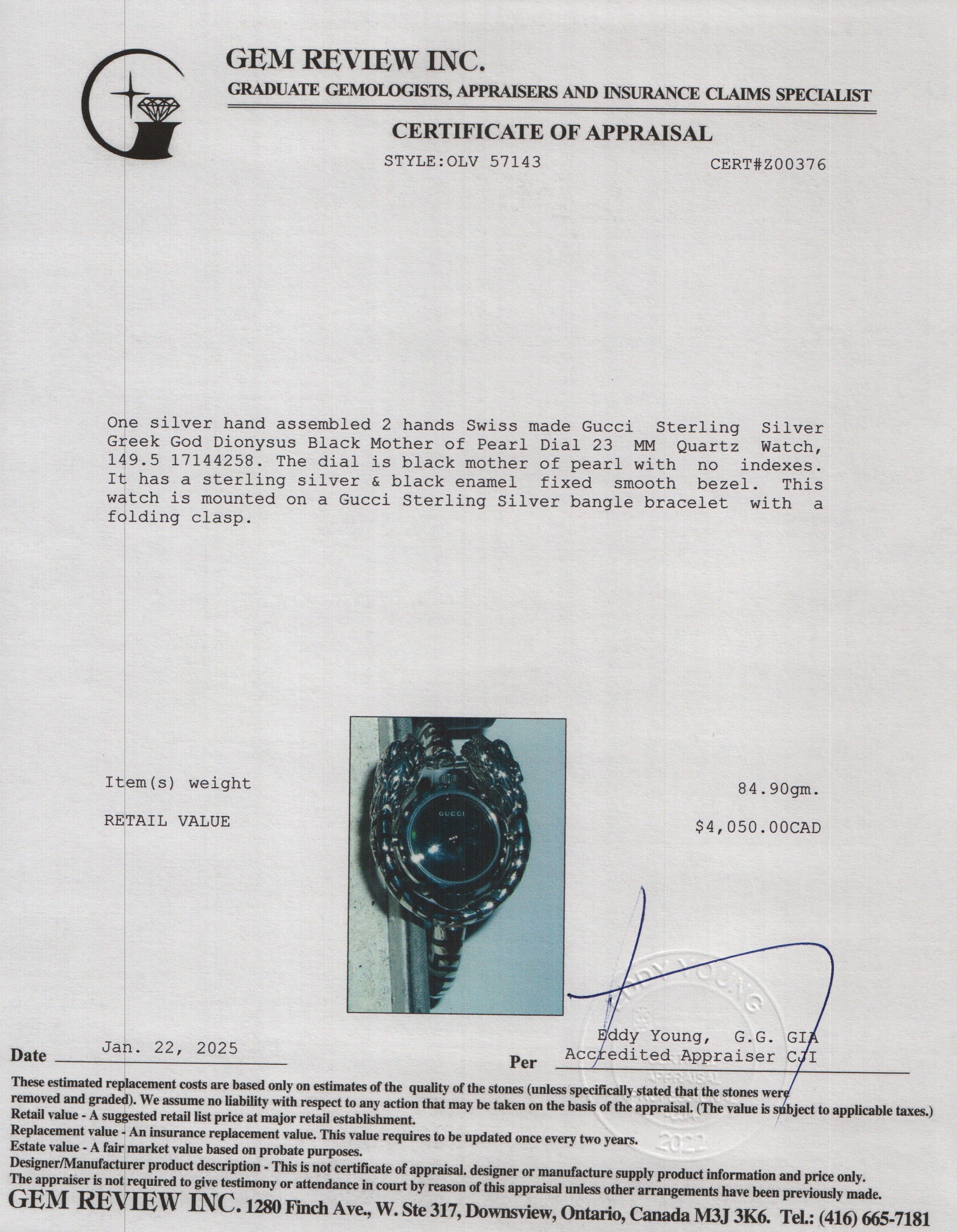 Gucci Sterling Silver Greek God Dionysus Black Mother of Pearl Dial 23 MM Quartz Watch