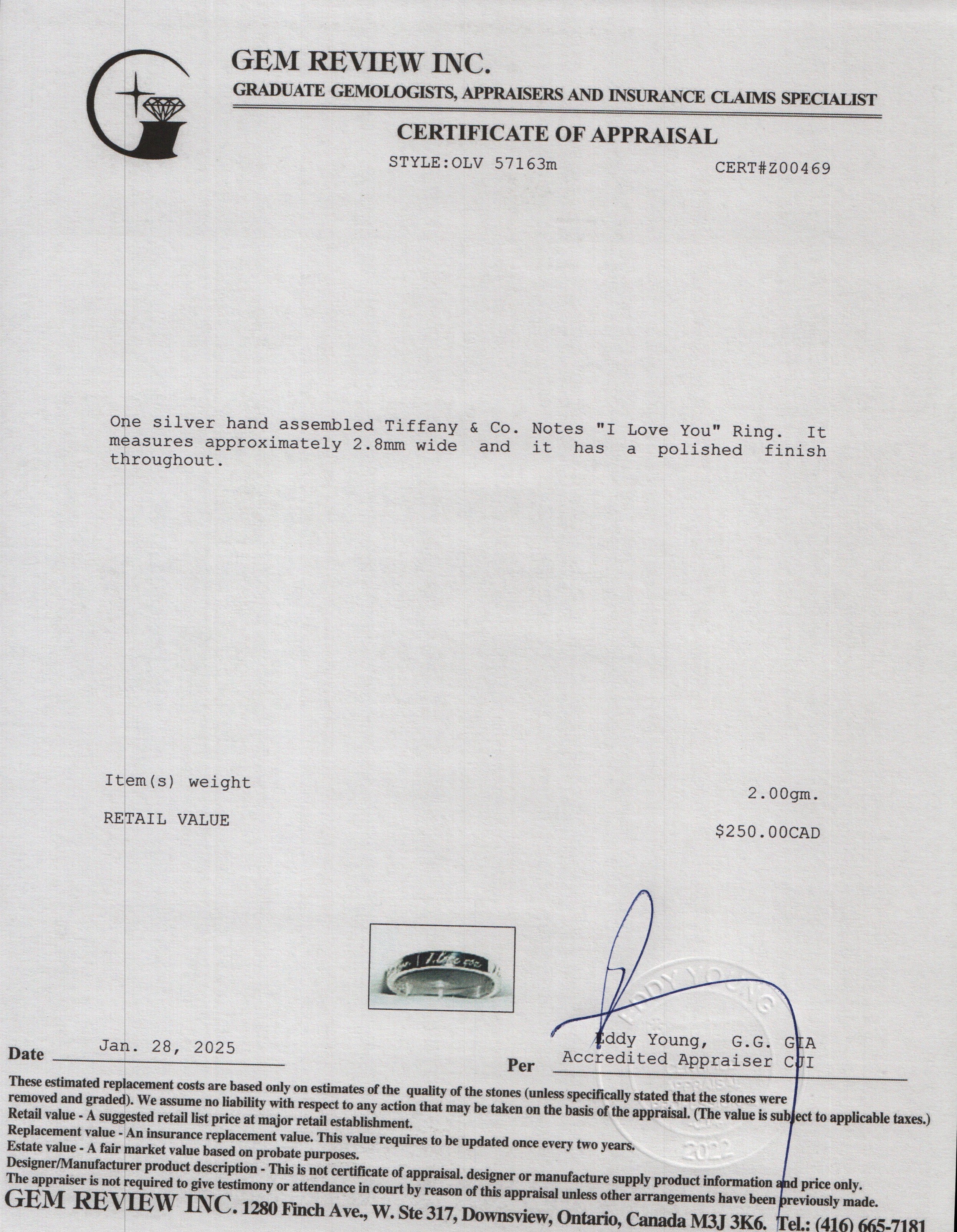 Tiffany & Co. Sterling Silver Notes "I Love You" Ring, Size 4.5