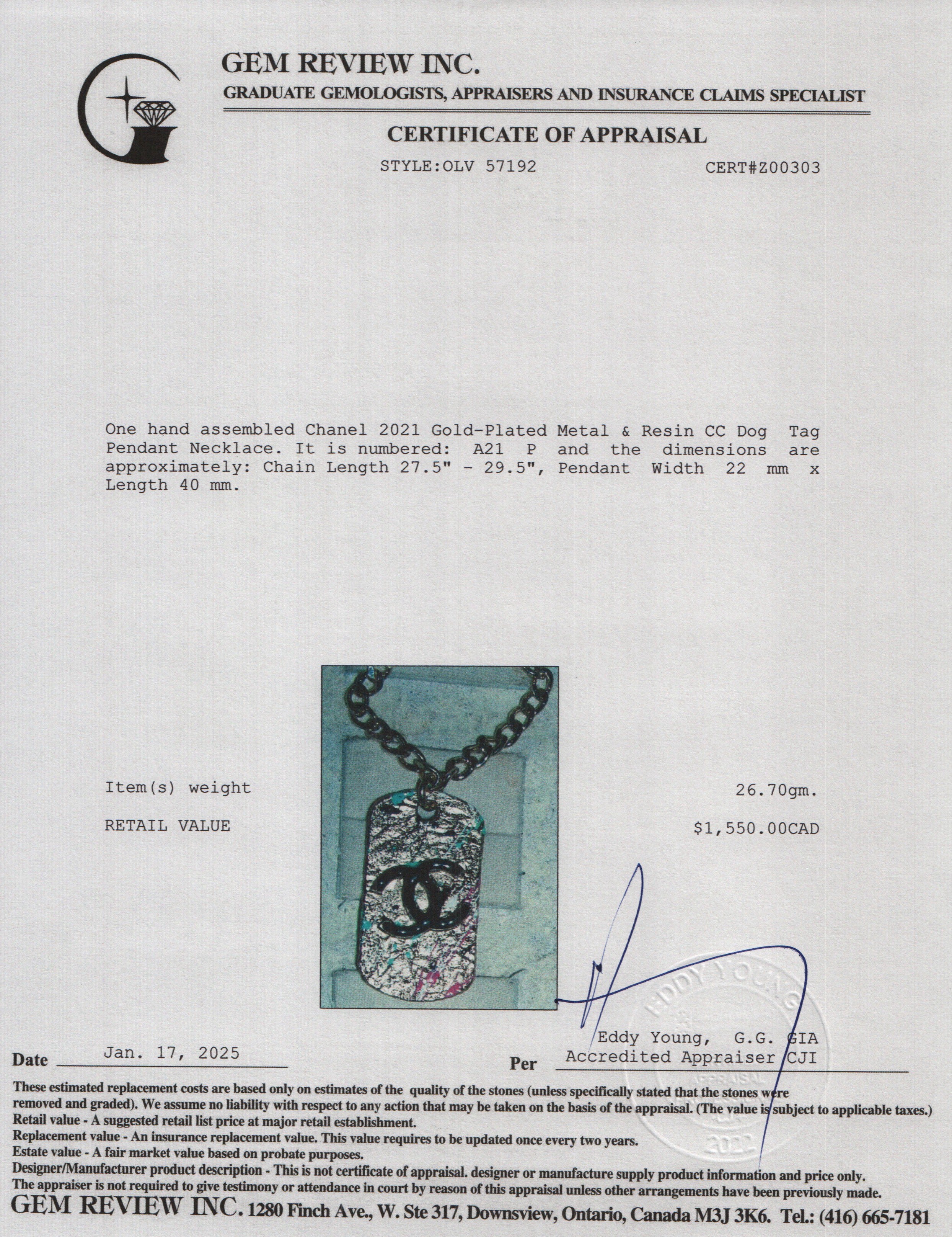 Chanel 2021 Gold-Plated Metal & Resin CC Dog Tag Pendant Necklace w/ Box