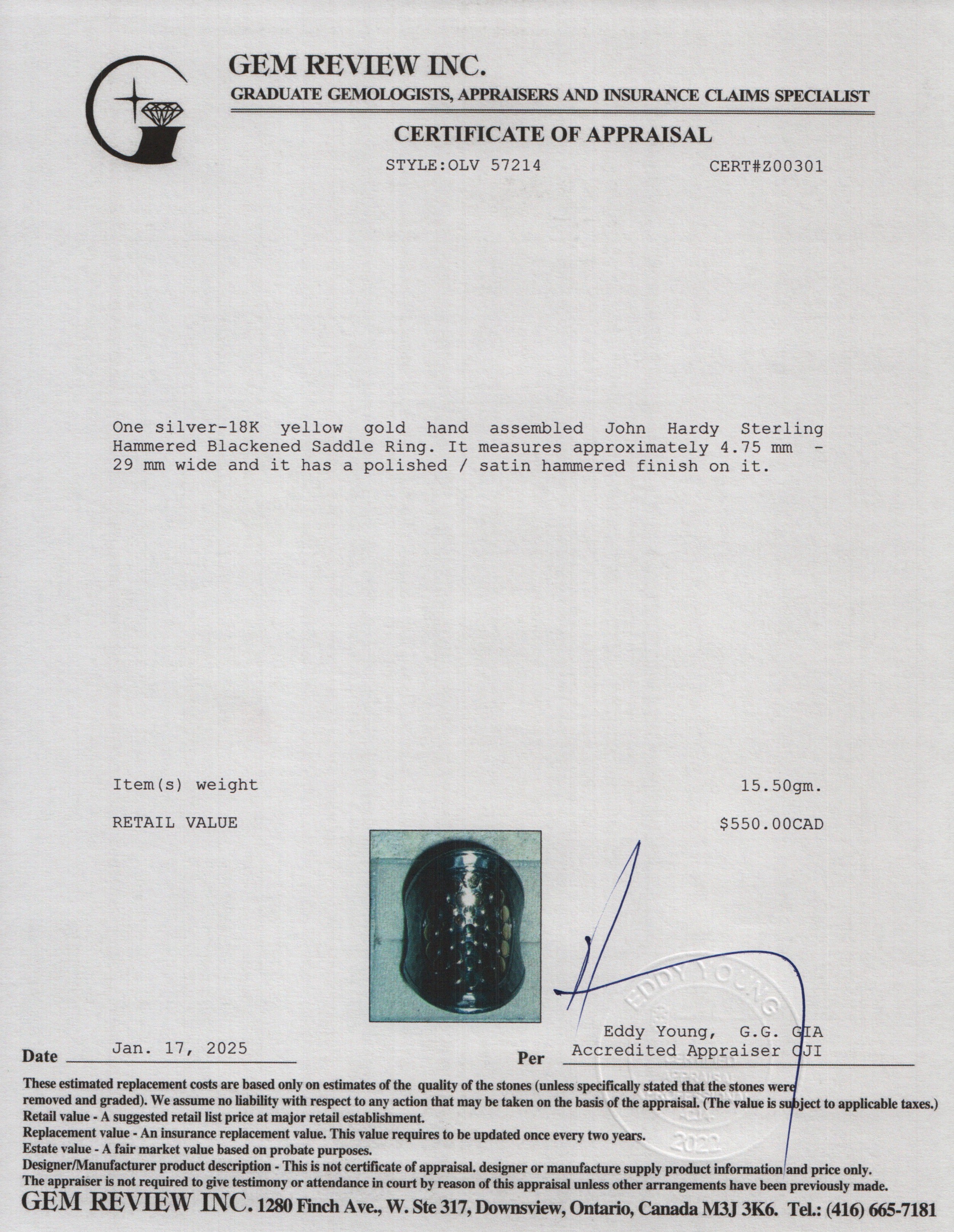 John Hardy Sterling Silver & 18k Yellow Gold Hammered Blackened Saddle Ring, Size 7.25