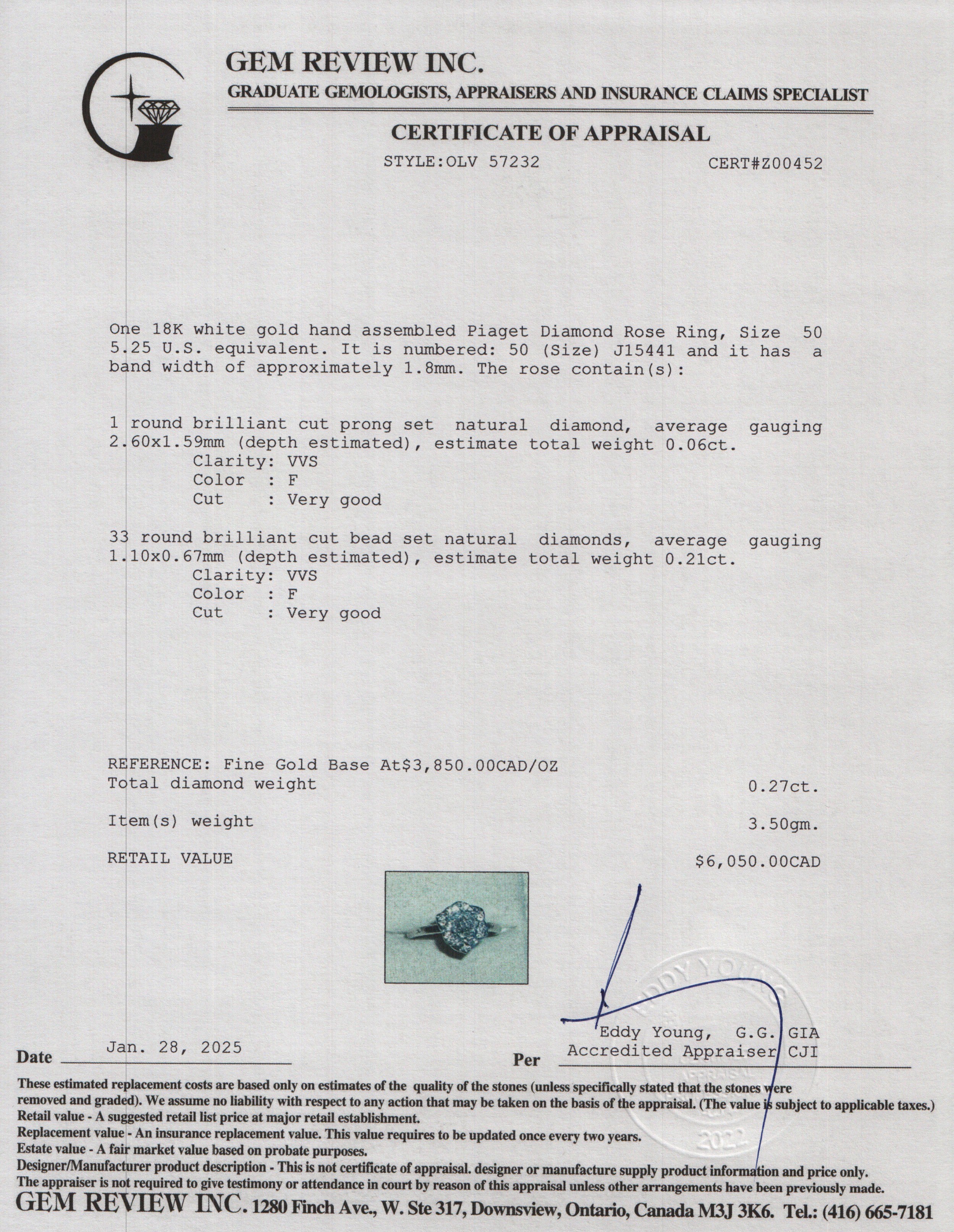 Piaget 18k White Gold Diamond Rose Ring, Size 50 5.25 w/ Certificate