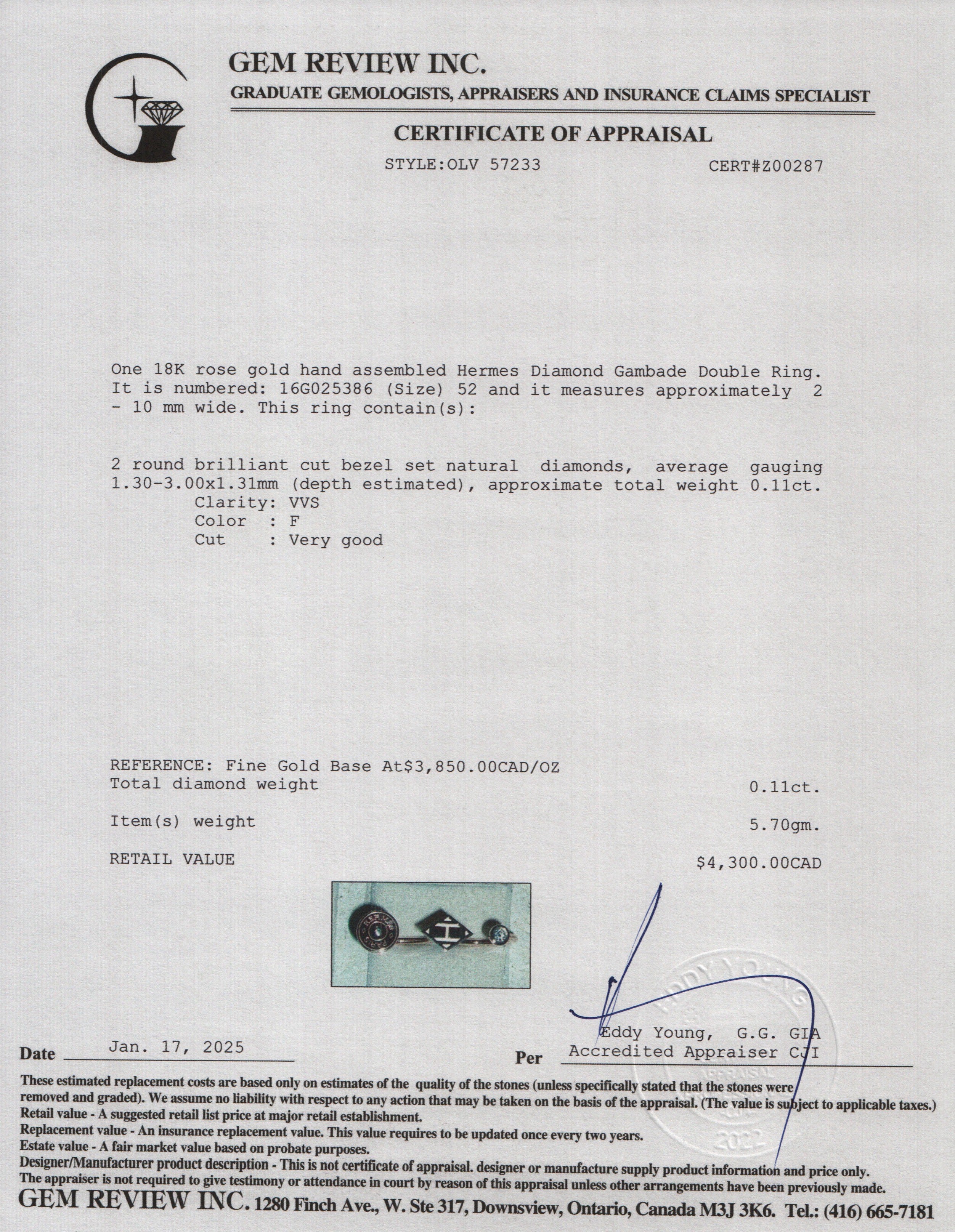 Hermes 18k Rose Gold Diamond Gambade Double Ring, Size 52
