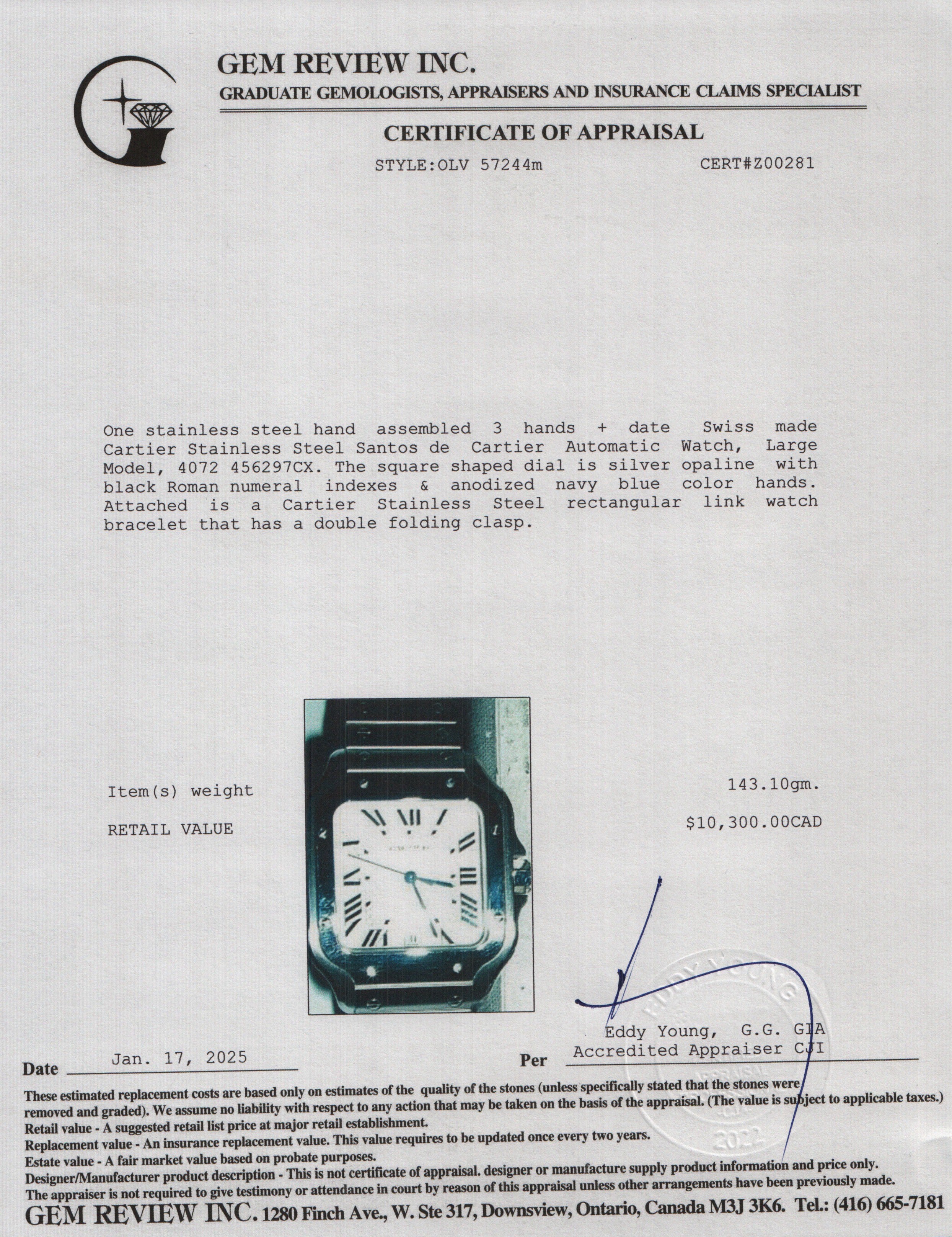 Cartier Stainless Steel Santos de Cartier Automatic Watch, Large Model 4072 w/ Box