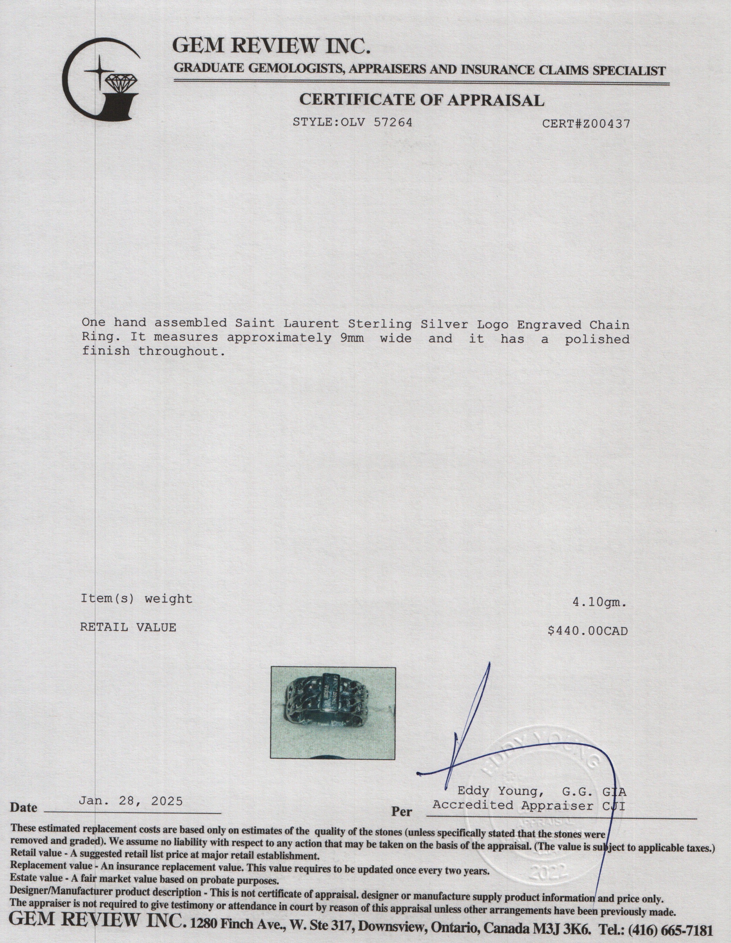 Saint Laurent Sterling Silver Logo Engraved Chain Ring, Size 6.5