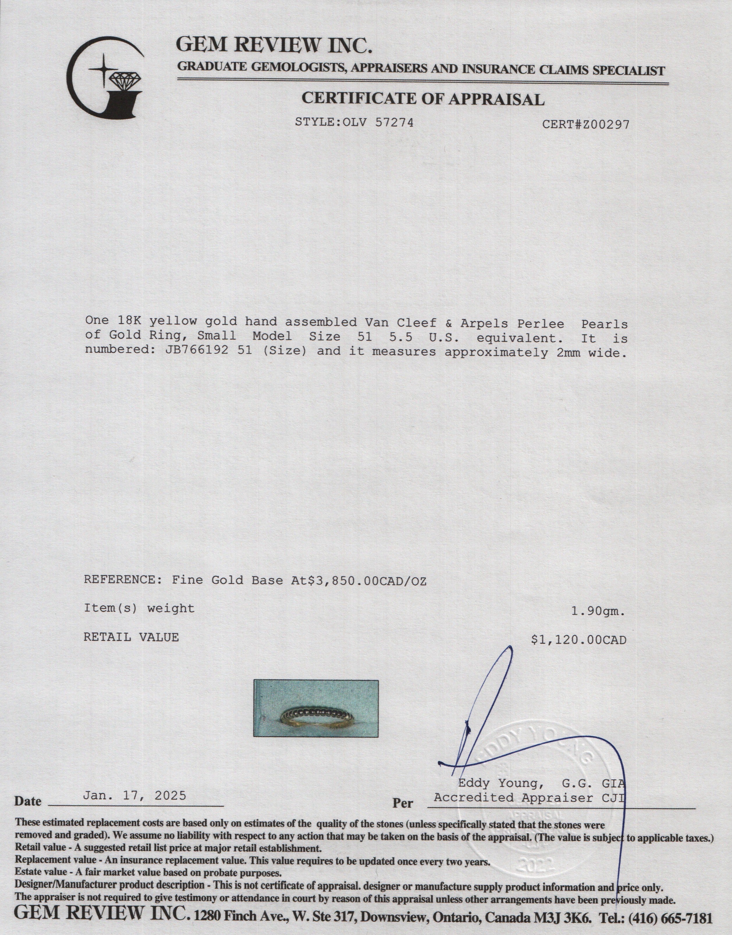 Van Cleef & Arpels 18k Yellow Gold Perlee Pearls of Gold Ring, Small Model Size 51 5.5 w/ Box