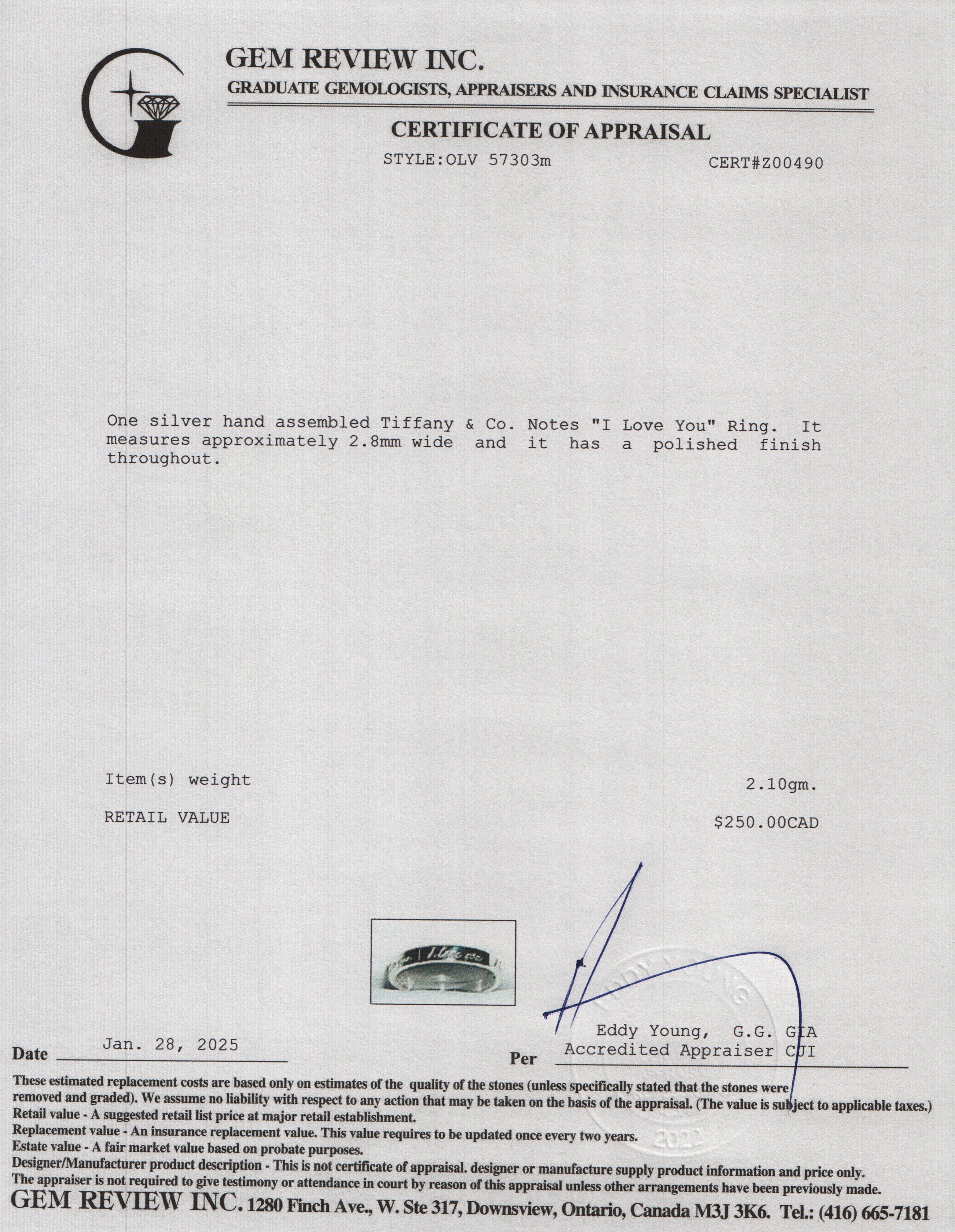 Tiffany & Co. Sterling Silver Notes "I Love You" Ring, Size 6.5