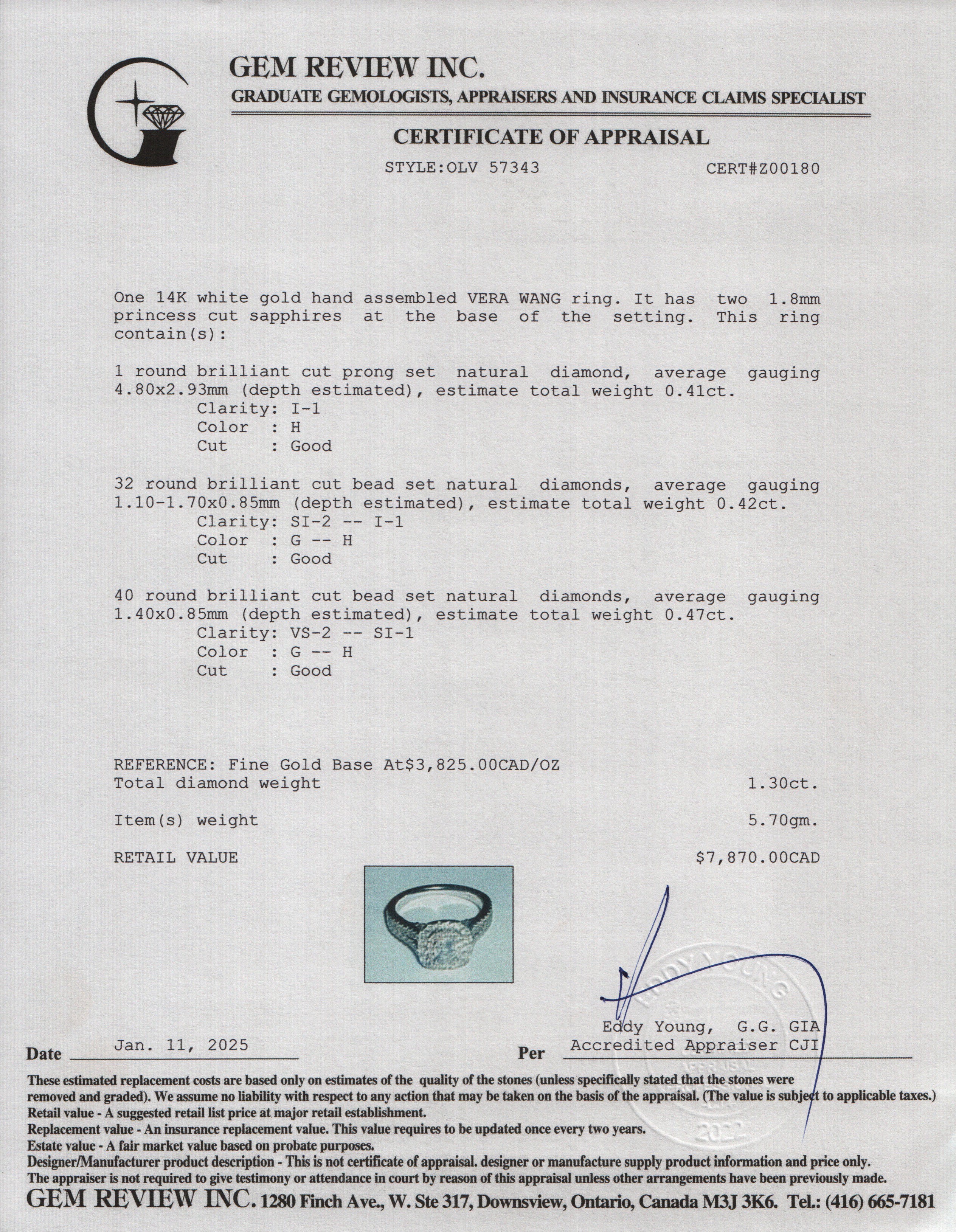 Vera Wang 14k White Gold Love Diamond Engagement Ring, Size 6.25 w/ Box