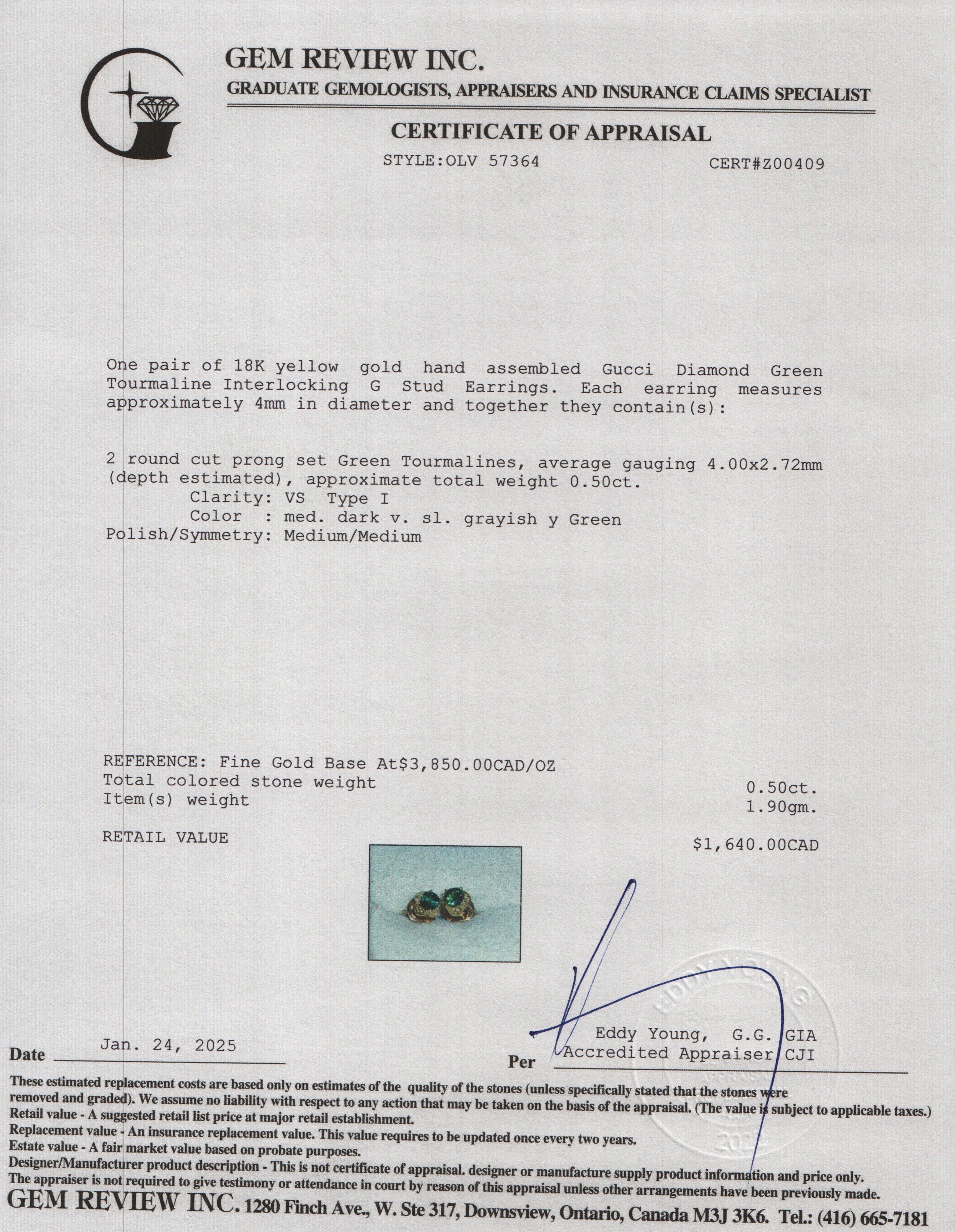 Gucci 18k Yellow Gold Diamond Green Tourmaline Interlocking G Stud Earrings w/ Box