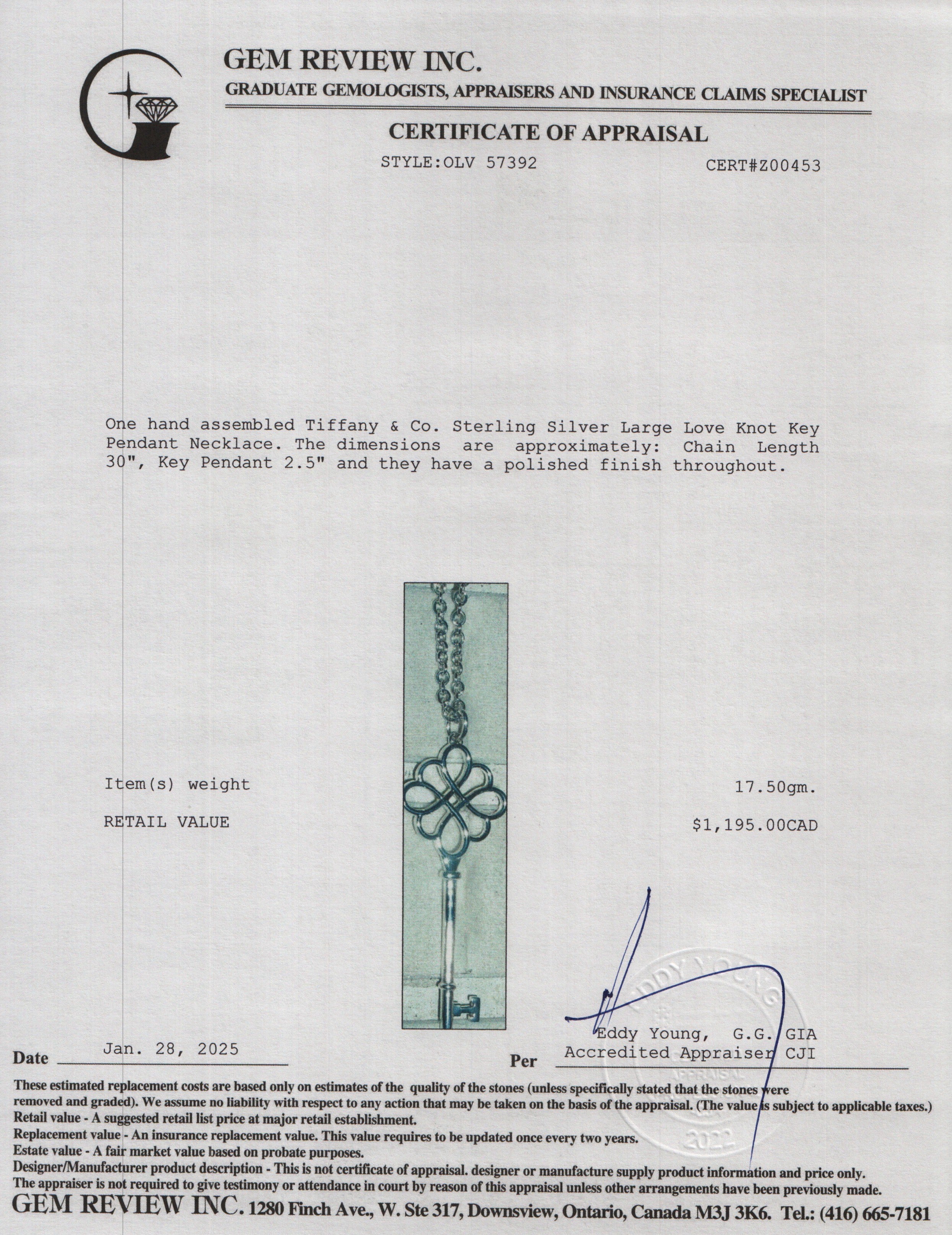 Tiffany & Co. Sterling Silver Large Love Knot Key Pendant Necklace