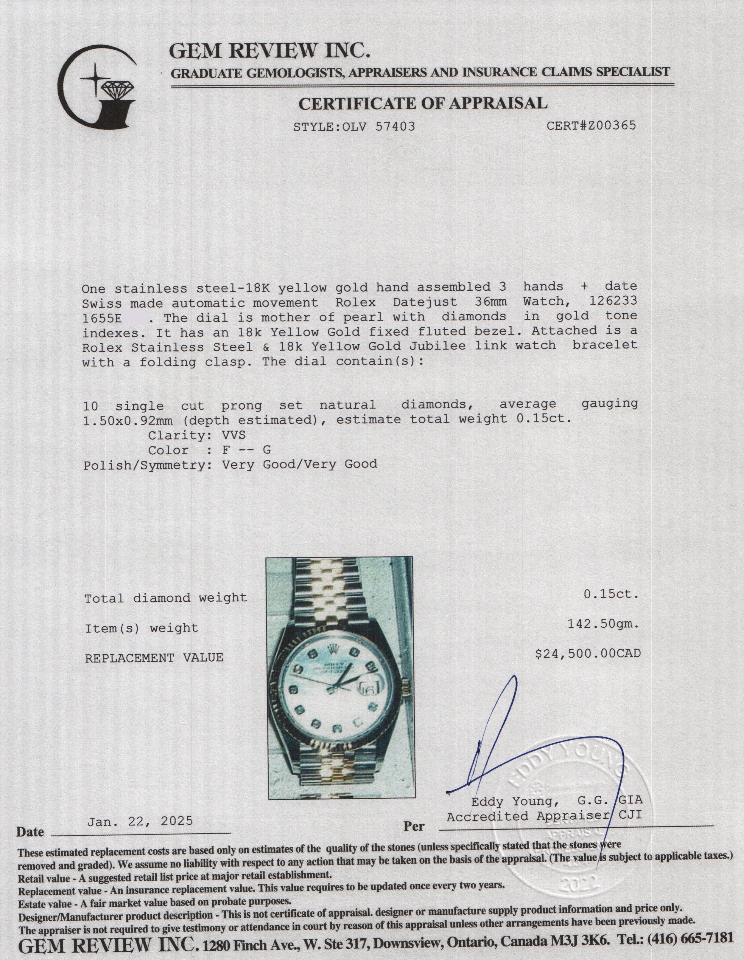 Rolex Stainless Steel & 18k Yellow Gold Mother of Pearl Diamond Dial Datejust 36 MM Watch 126233 w/ Box & Papers