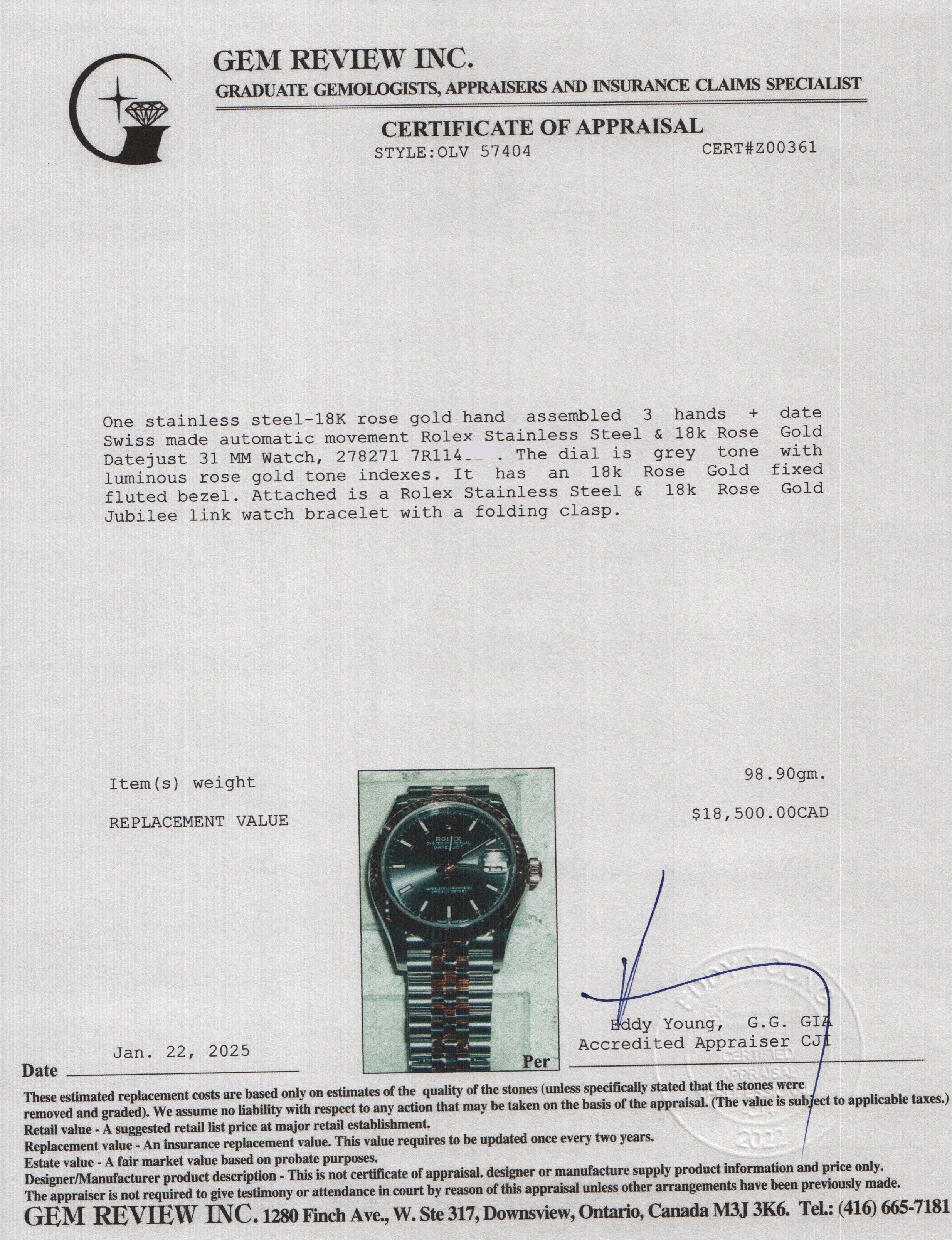 Rolex Stainless Steel & 18k Rose Gold Datejust 31 MM Watch 278271 w/ Box & Papers