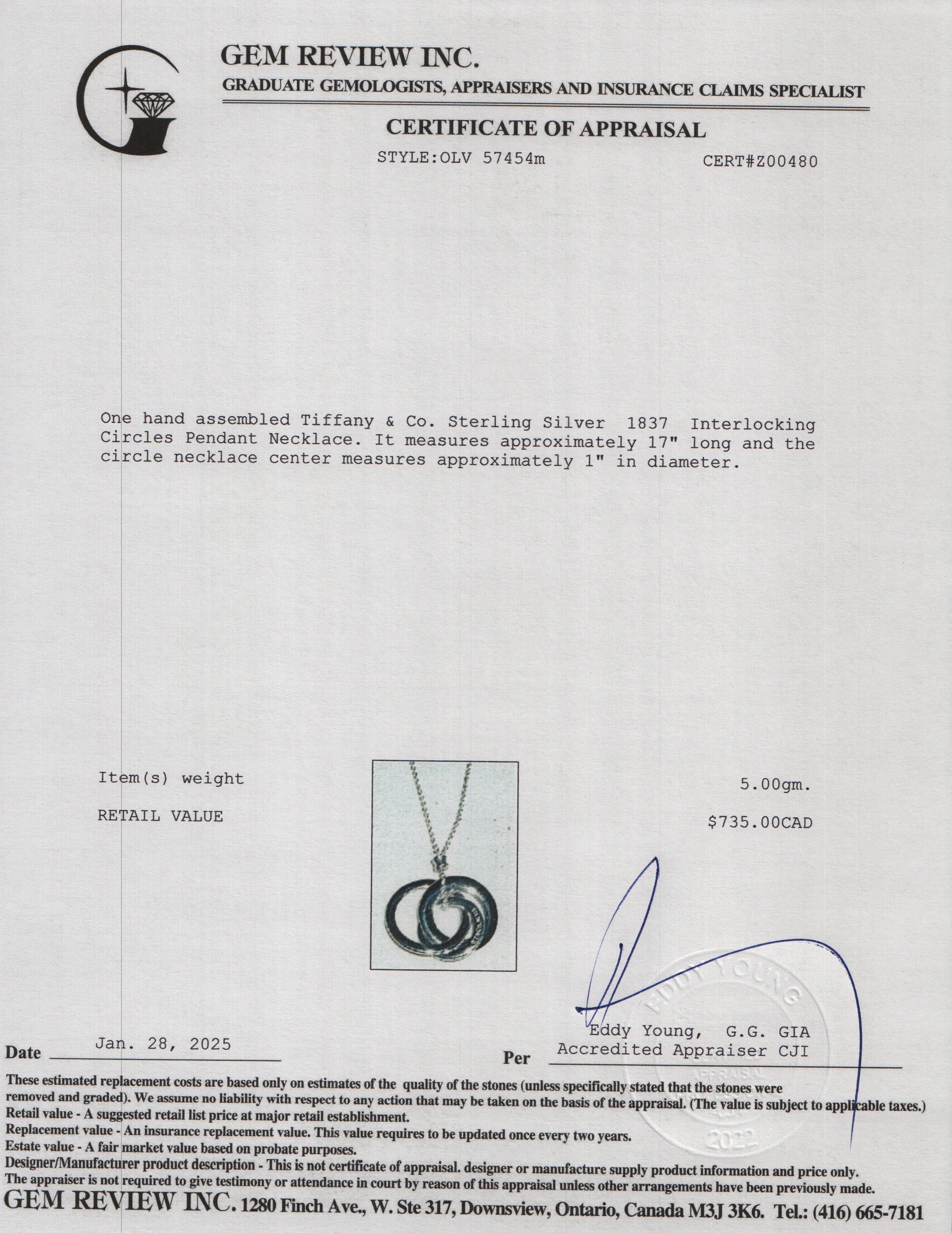 Tiffany & Co. Sterling Silver Notes Letter 'M' Disc Charm Pendant Necklace