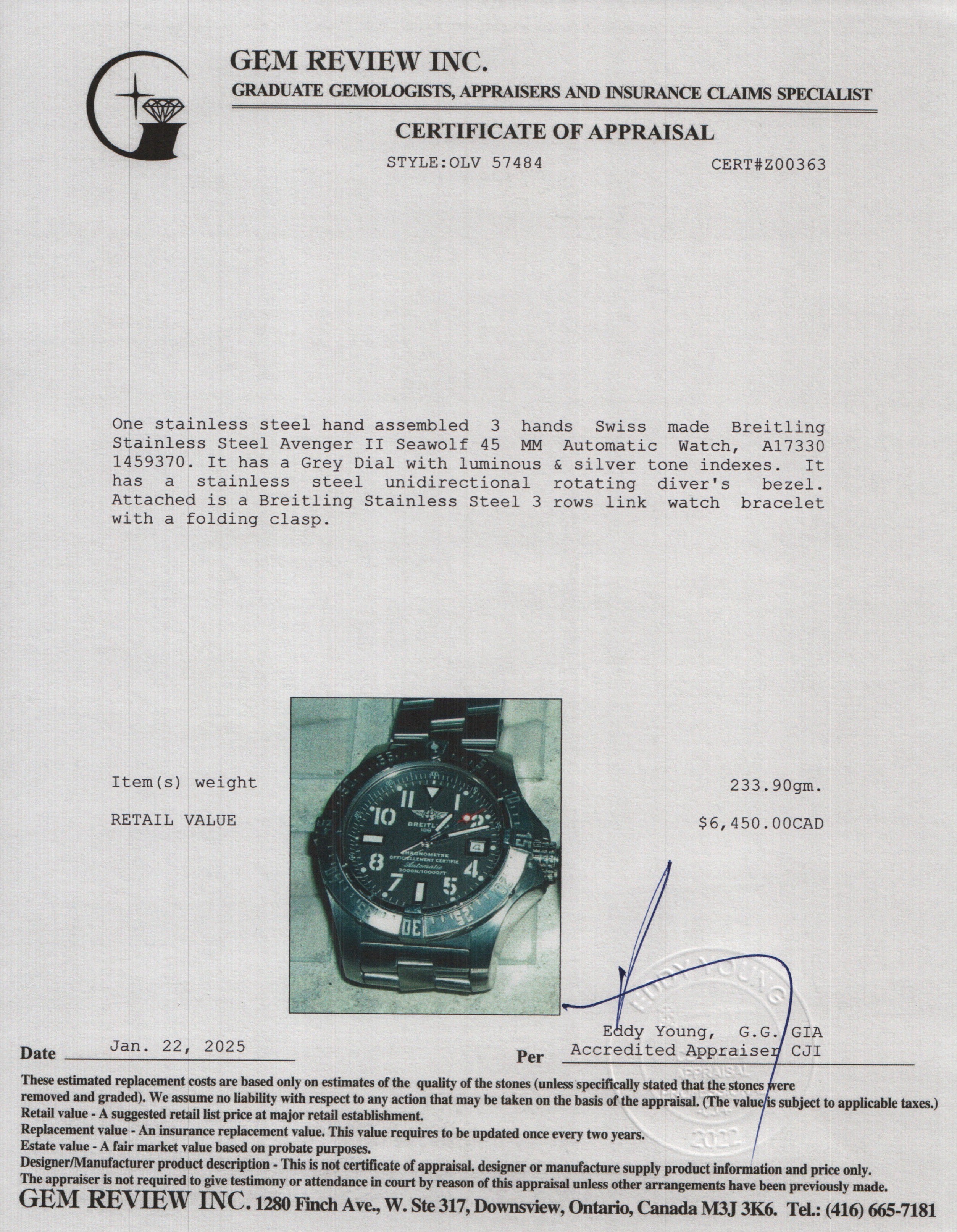 Breitling Stainless Steel Avenger II Seawolf 45 MM Automatic Watch Grey Dial A17330 w/ Box, Papers & Extra Strap