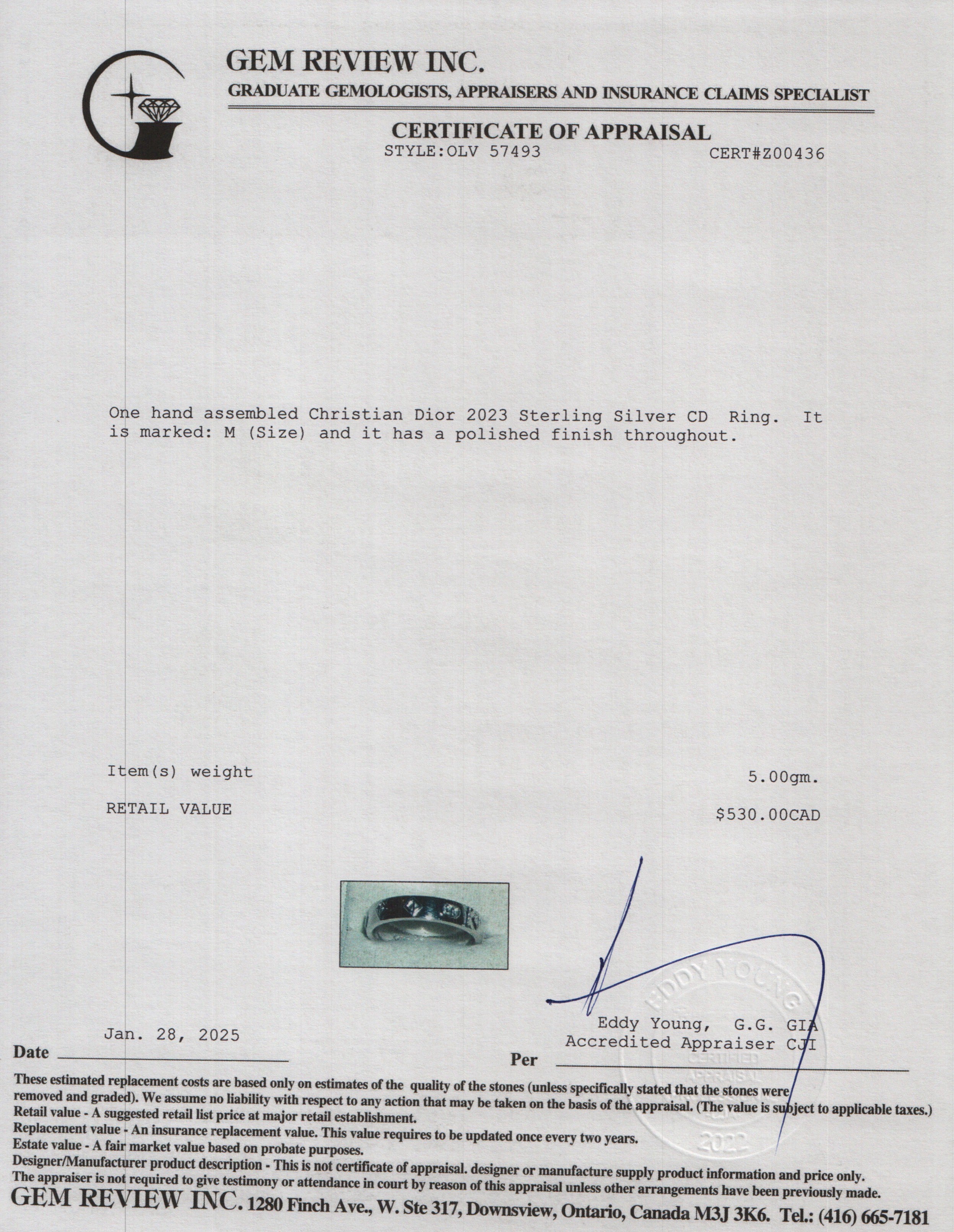 Christian Dior 2023 Sterling Silver CD Ring, Size M 9.25 w/ Box & Receipt